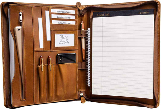 Genuine Leather Professioal Business Portfolio Padfolio Folder with Zipper for Men and Women,Work Portfolio for Letter Size Notepad, for Meeting and Travel, Brown