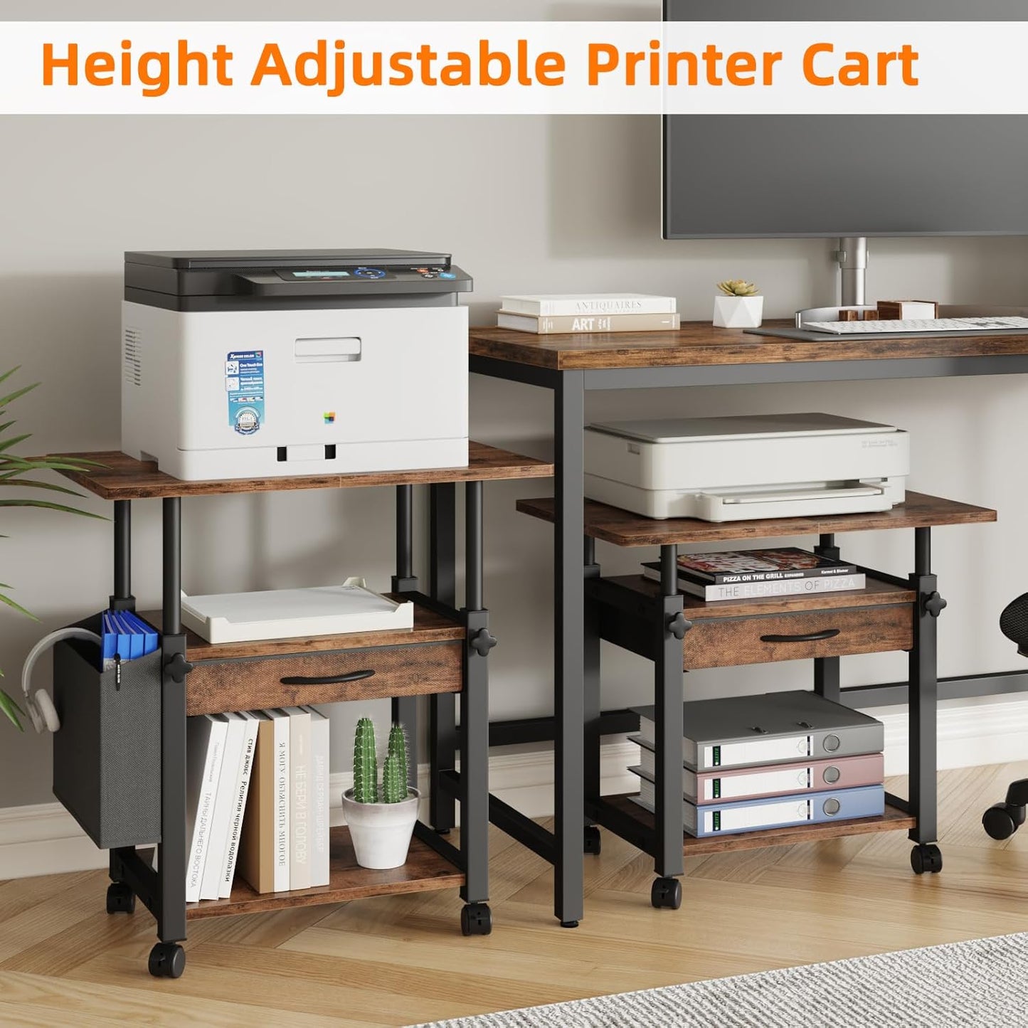 Large Printer Stand with Storage Drawer and Side Bag, 3-Tier Height Adjustable Table for Home Office, Fits Heat Press/Laser/3D Printer (Rustic Brown)