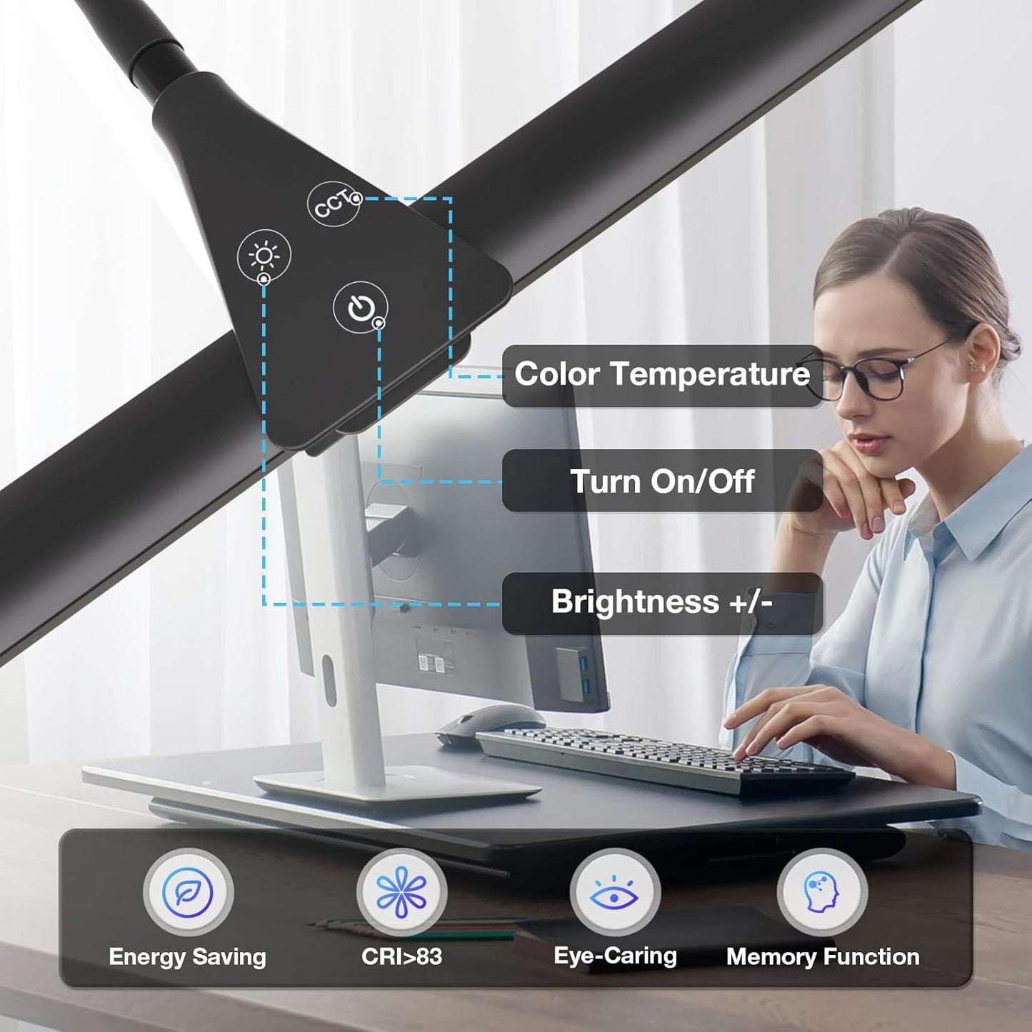 LED Desk Lamp for Home Office, Bright Double Head Desk Lamp with Clamp, Dimmable 5 Color Modes Desk Lighting, 12W Eye-Caring Architect Table Lamp for Workbench, Monitor, Reading, Study, 1400lm - Lumora Desk