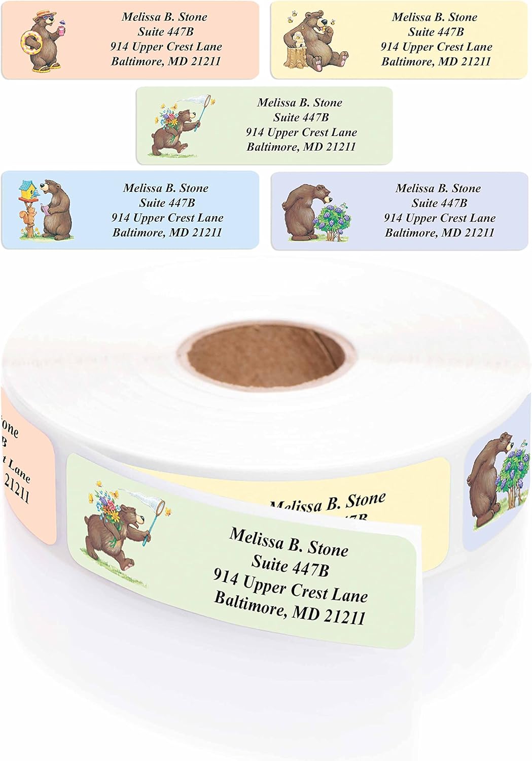Bears Designer Assorted Rolled Address Labels with Elegant Plastic Dispenser - Lumora Desk