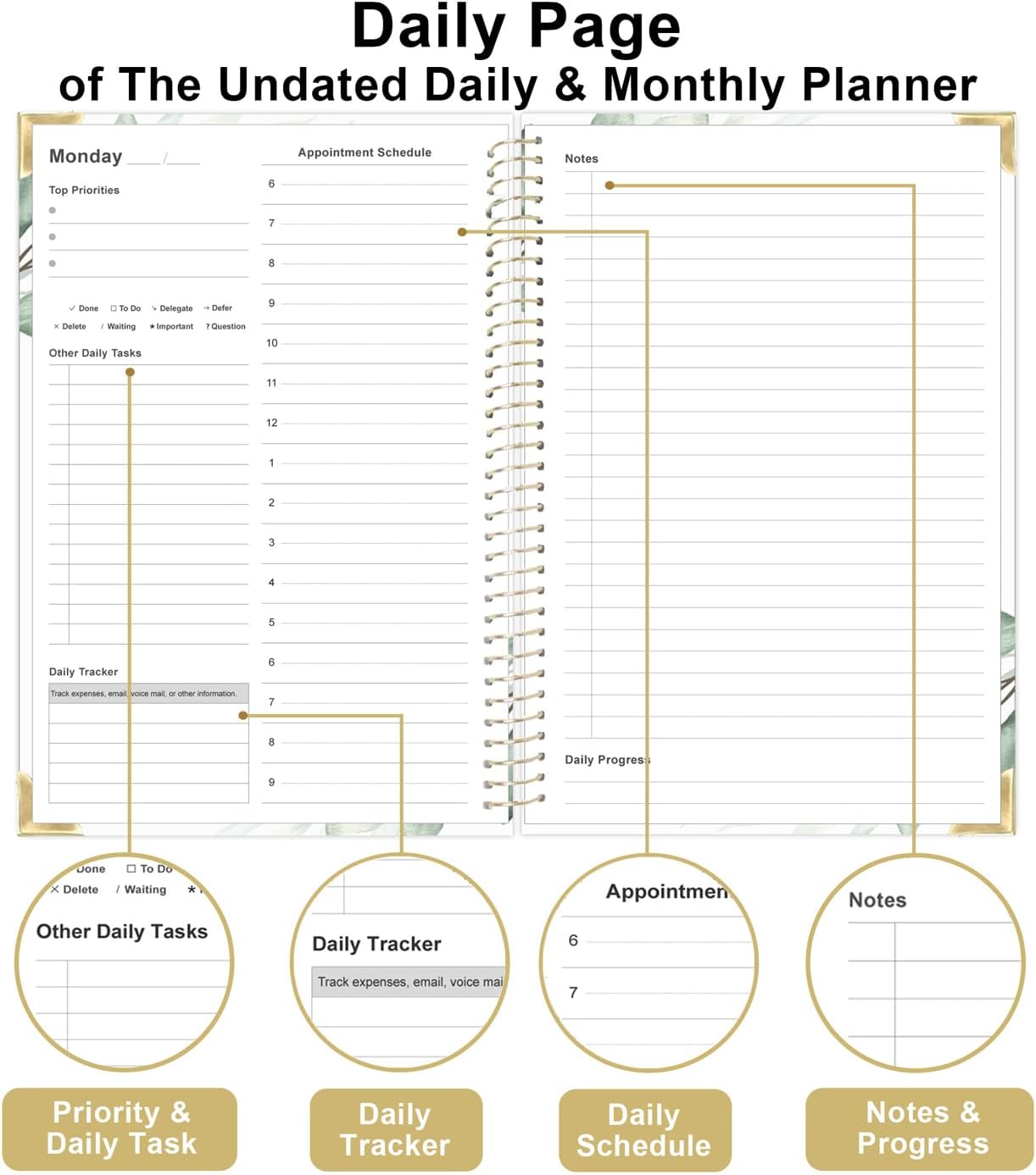 Undated Daily Monthly Planner for 2025 2026 - A5 To Do List with Hourly Schedule, Hardcover Spiral Bound Daily Planner to Increase Focus, Stylish School/Office Supplies, 5.8" x 8.5", Green Leaf