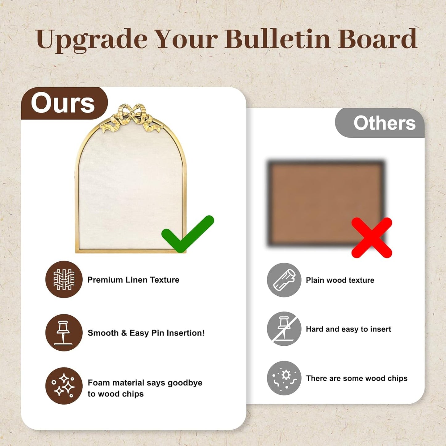 Vintage Arched Linen Cork Board with Gold Bowknot – Decorative Bulletin Board for Walls, Iron Frame Pin Board for Notes, Photos & Reminders, Elegant Vision Board for Home & Office 16"x21" - Lumora Desk