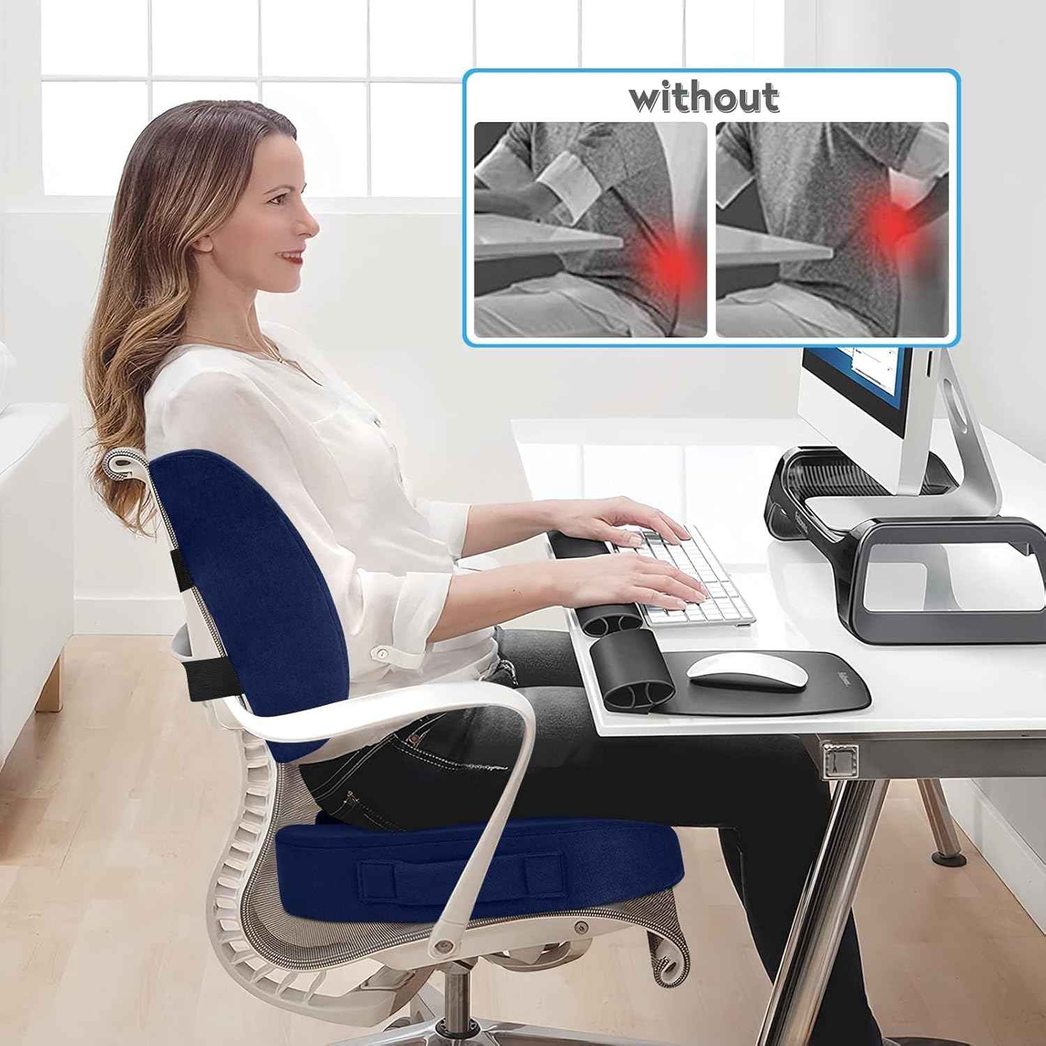 CloudBliss Lumbar Support Pillow & Seat Cushion Set for Office Chair, Desk Chair, Wheelchair & Car–Memory Foam Back Support,Ergonomic Chair Cushions, Sciatica Pain Relief,Home Essentials(Blue,XL)