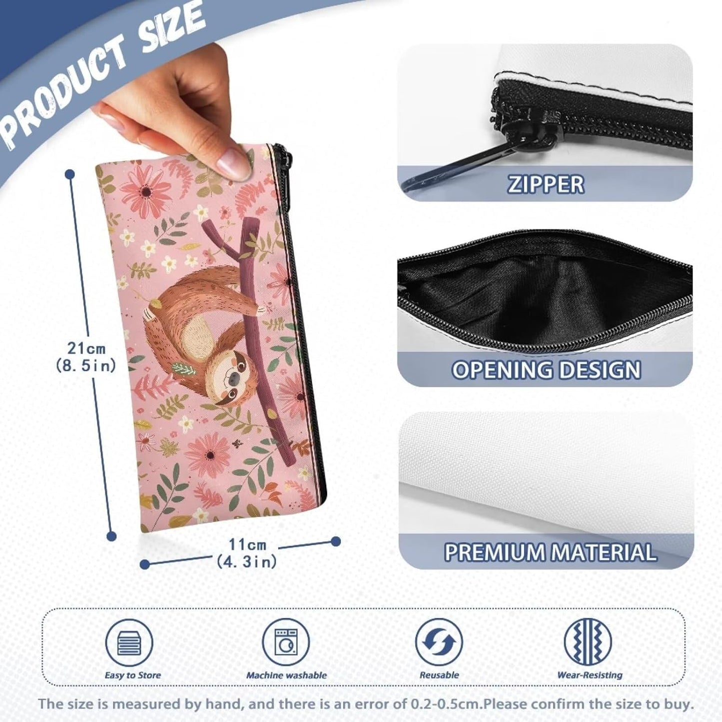 POLERO Floral Sloth Pencil Case for Girls School Stationery Pouch Multi-Purpose Travel Makeup Bag