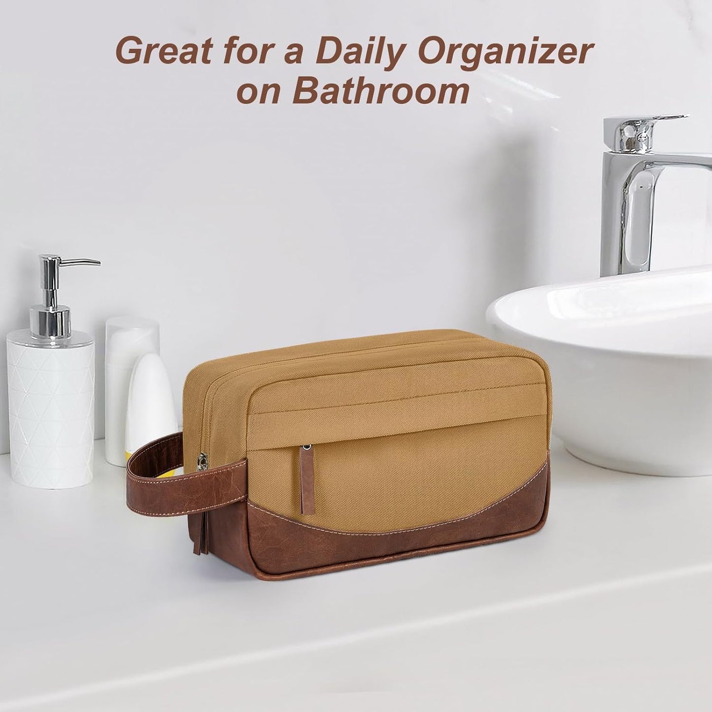 Travel Toiletry Bag for Men, Hanging Toiletry Organizer, Water Resistant Shaving Kit with Large Capacity for Travel Accessories (Brown, Medium)