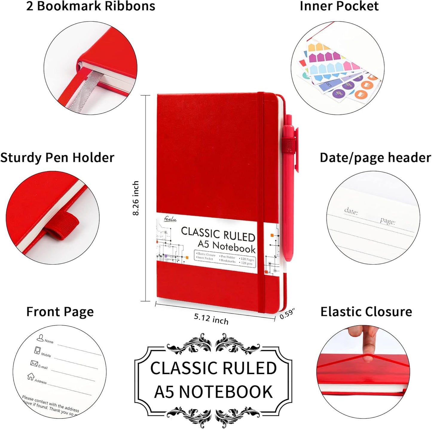 feela 12 Pack Notebooks Journals Bulk with 12 Black Pens, A5 Hardcover Notebook Classic Ruled Journal Set with Pen Holder for School Business Work Travel Writing, 120 GSM, 5.1”x8.3”, Red