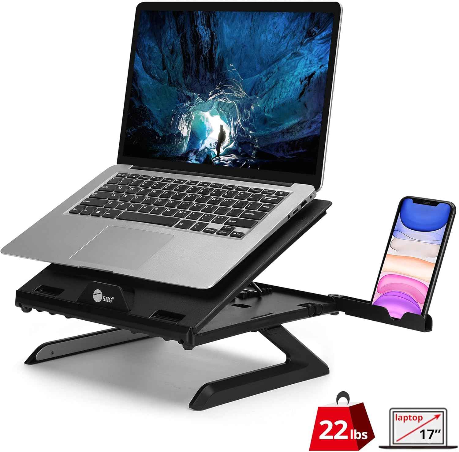 SIIG Laptop Stand, Ergonomic Adjustable Riser Stand, Smart Phone Holder & Heat-Vent, Portable Design Fit 10" to 17" (CE-MT3911-S1)
