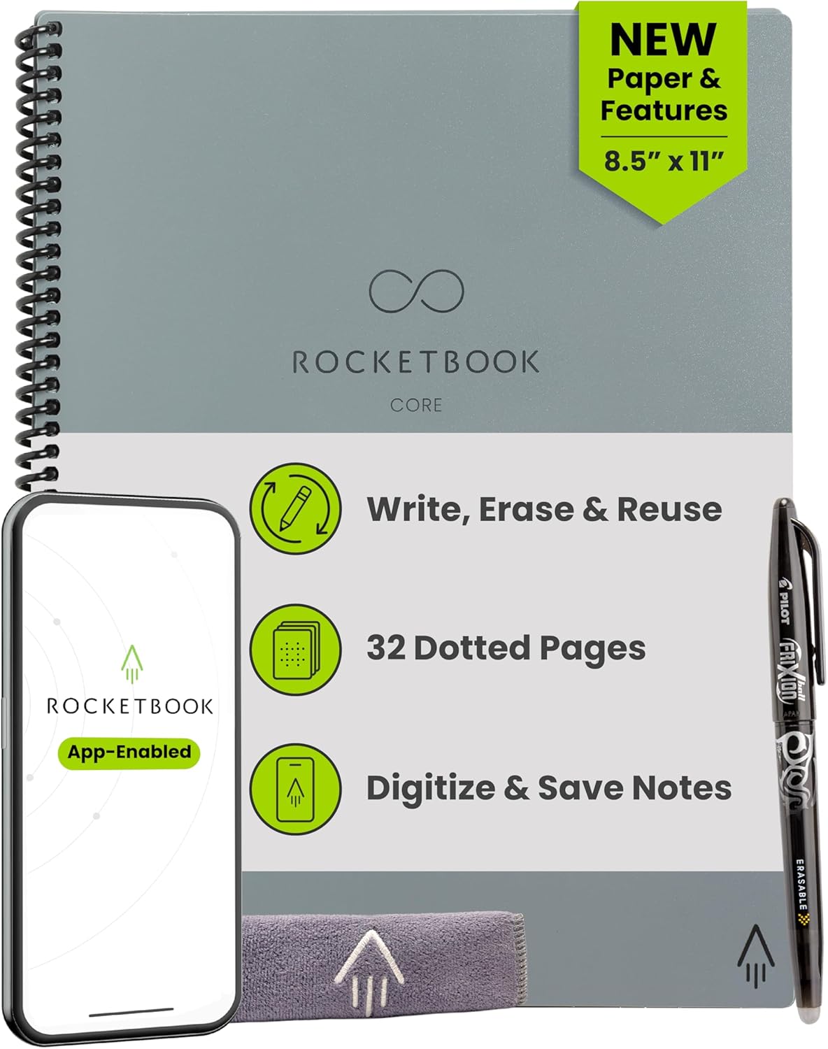 Rocketbook Core Reusable Smart Notebook, Dot Grid Pages For School, Work and Creative Projects, Letter Size 8.5x11, Grey - Premium