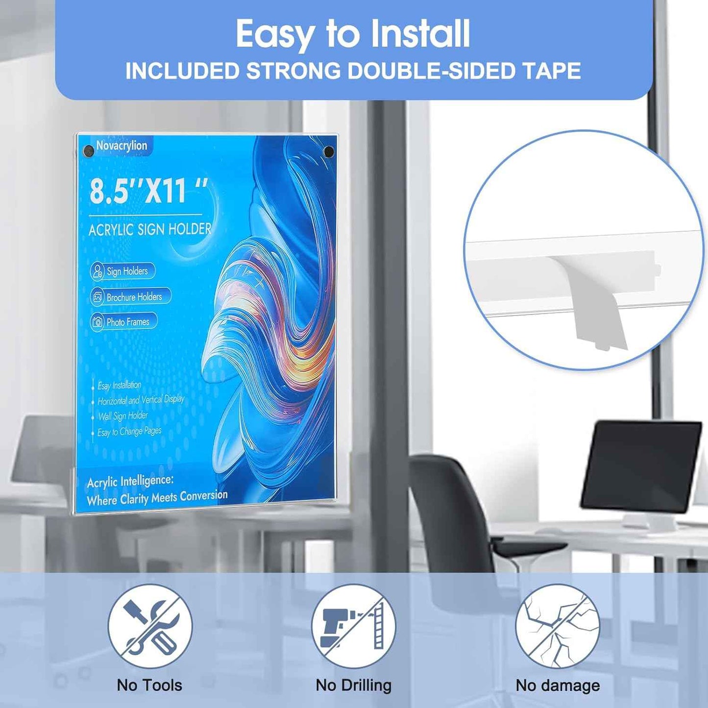 Acrylic Sign Holder 8.5 x 11 Wall Mount, Adhesive & Magnetic Back - Vertical or Horizontal Mount for Office, Classroom, Retail Displays on Glass, Doors, Wood, or Other Smooth Surfaces