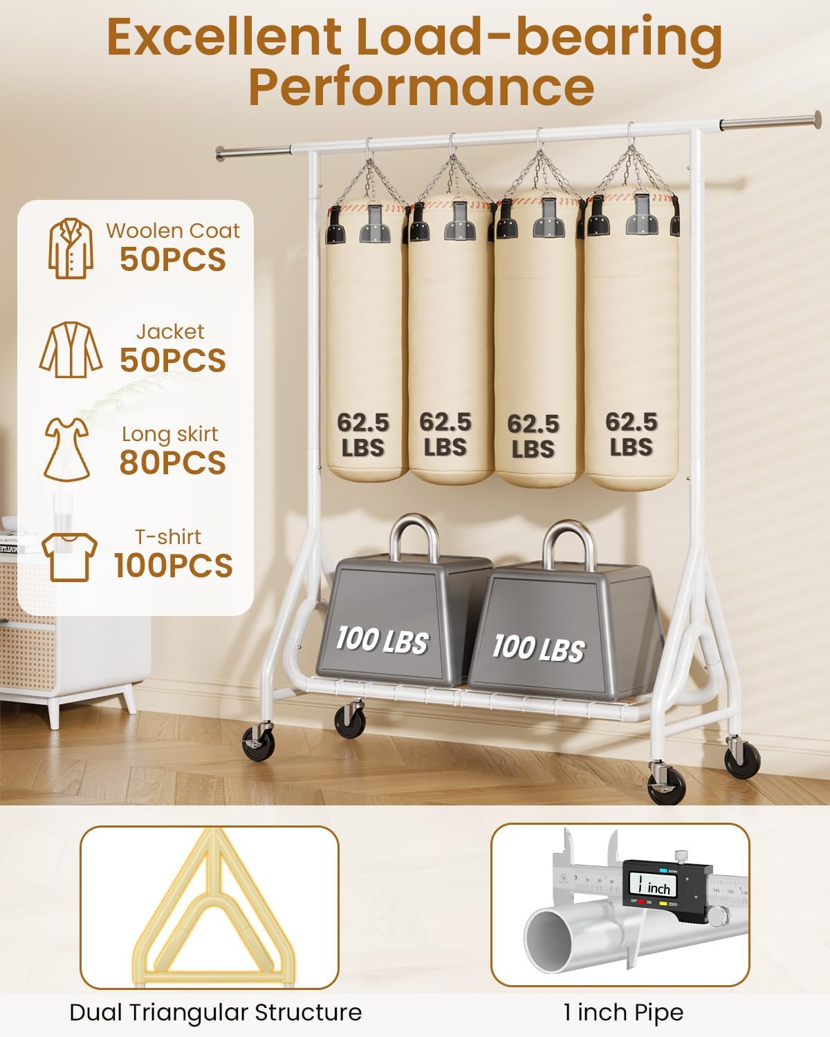 Heavy Duty Clothes Rack, Metal Clothing Rack Load 450 LBS, Rolling Coat Racks for Hanging Clothes with Lockable Wheels, Wardrobe Closet Garment Racks for Bedroom, White - Lumora Desk
