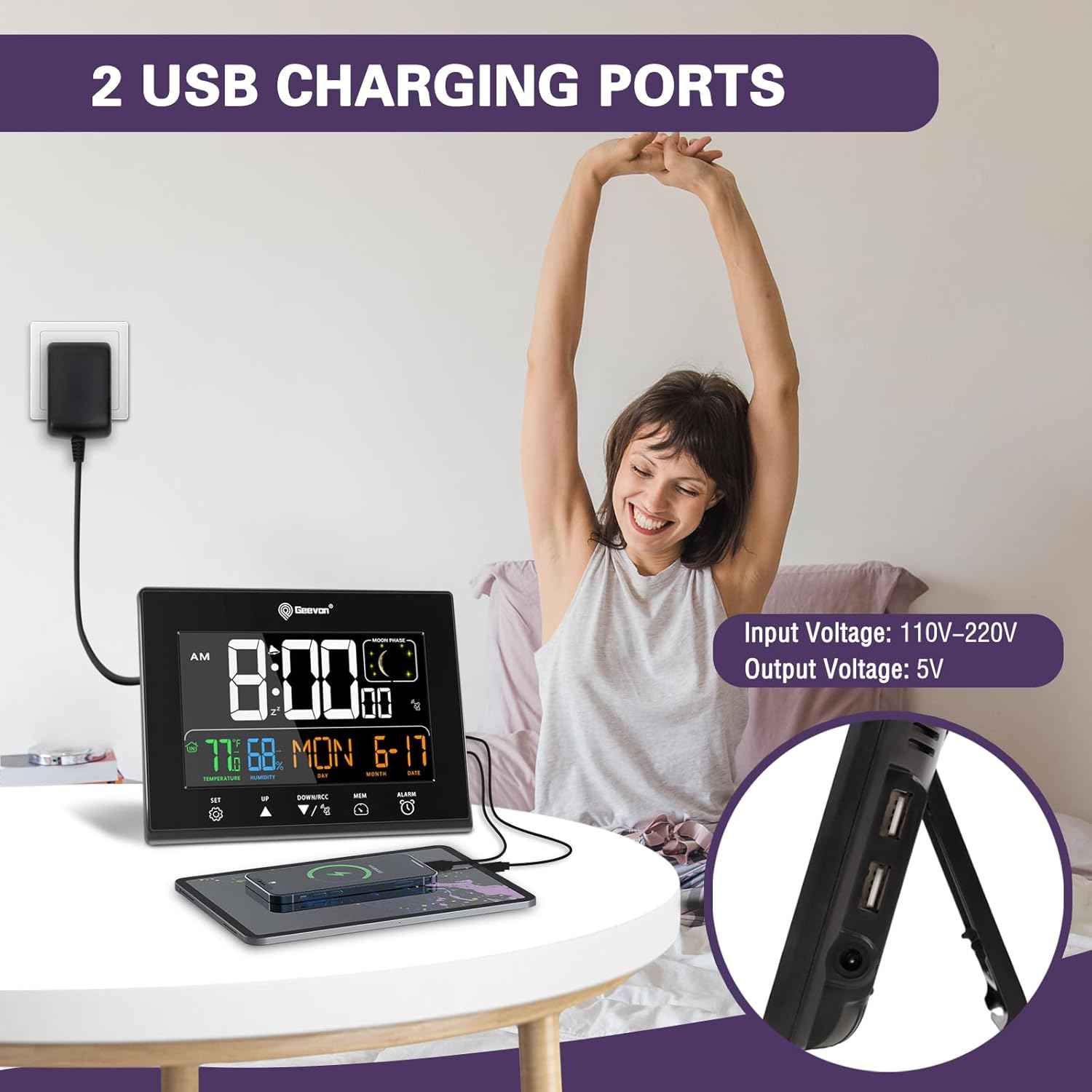 Geevon Digital Atomic Alarm Clocks for Bedrooms with 2 USB Ports, Color VA Display Atomic Clock with Indoor Temperature and Humidity, DST, Calendar, and Moon Phases for Seniors Elderly