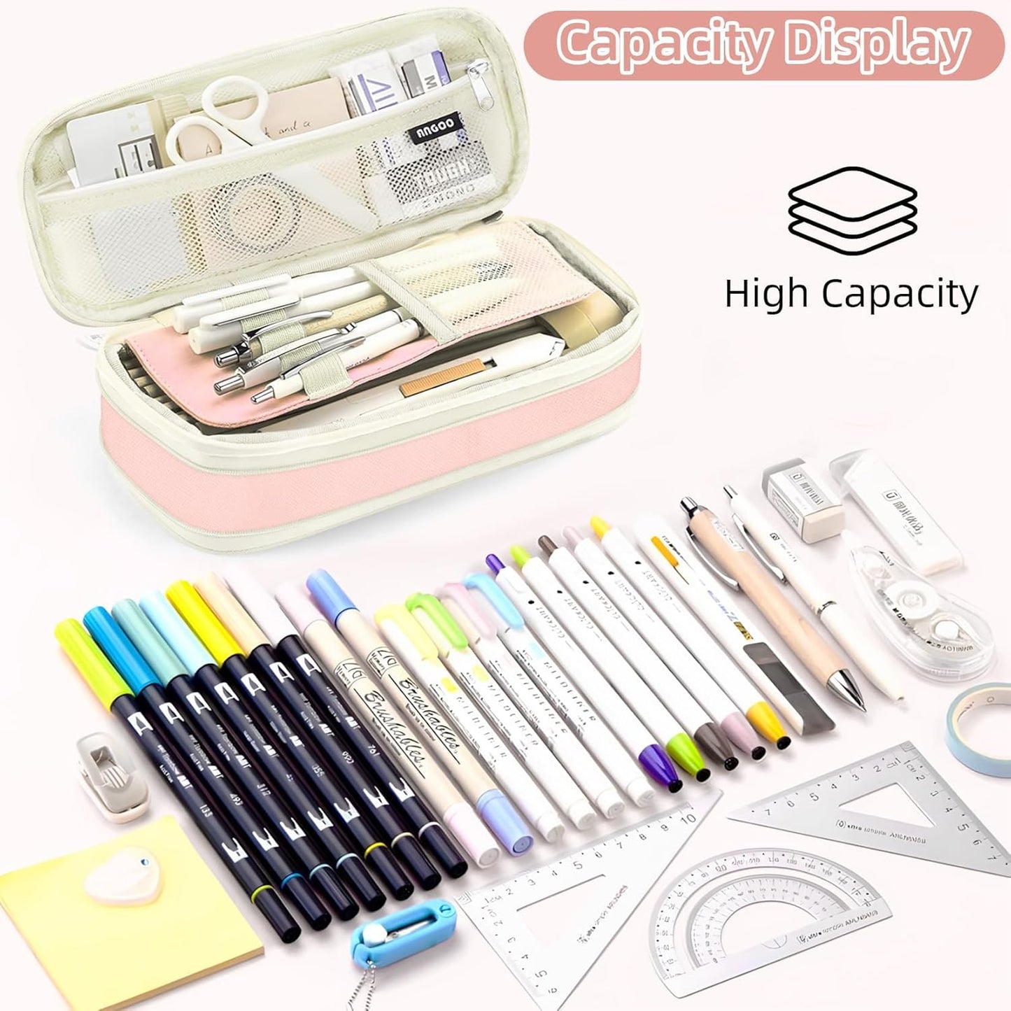 Preppy Pencil Case for Girls, Large Initial Pencil Pouch for School Supplies, Portable Pink Pen Bag with Zipper, Cute Aesthetic Pen Box, Compartments Stationary Organizer for Kids Teens Adults