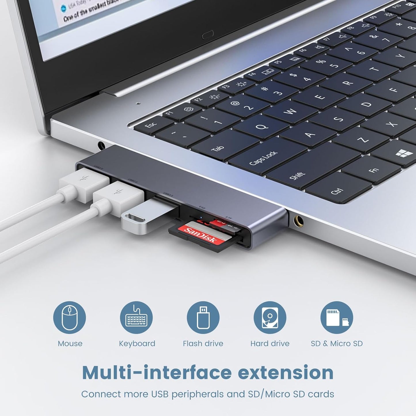 Fidioto USB A Hub, Left Model 5-in-1 Network-Hubs with 1 USB3.0 &2 USB2.0 & Micro SD/TF Card Reader, Compatible for Laptop MacBook, Chromebook, Dell, HP, Samsung, Keyboard, Mouse Etc.