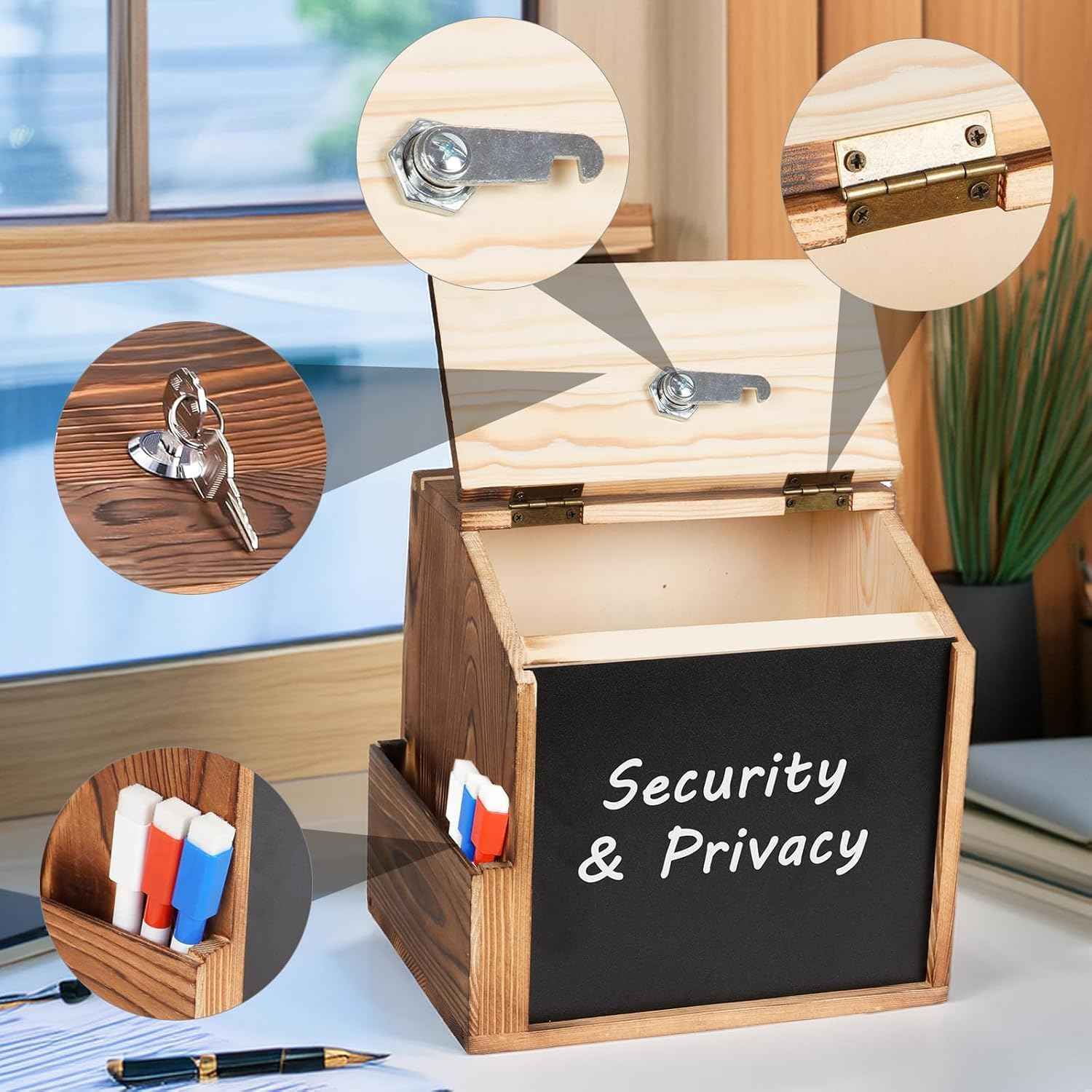 Wood Suggestion Box with Lock & Keys, Locking Donation Box with Removable Chalkboard & Acrylic Sign Holder - Wall Mounted Prayer/Comment Boxes for Church, Office, Wedding