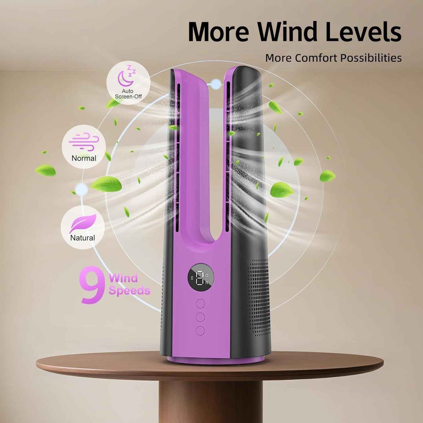 KONSIDEN Desk Fan, 13 Inch Portable Bladeless Fan, Small Quiet Table Fan with 60°Oscillating, 9 Speeds & 9H Timer, LED Display, Button Control, Easy to Clean, Personal Desktop Fan for Bedroom, Office