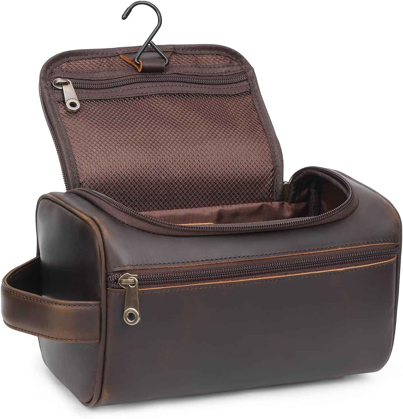 TIDING Mens Leather Hanging Toiletry Bag Travel Shaving Kit Portable Makeup Cosmetic Organizer Wash Case