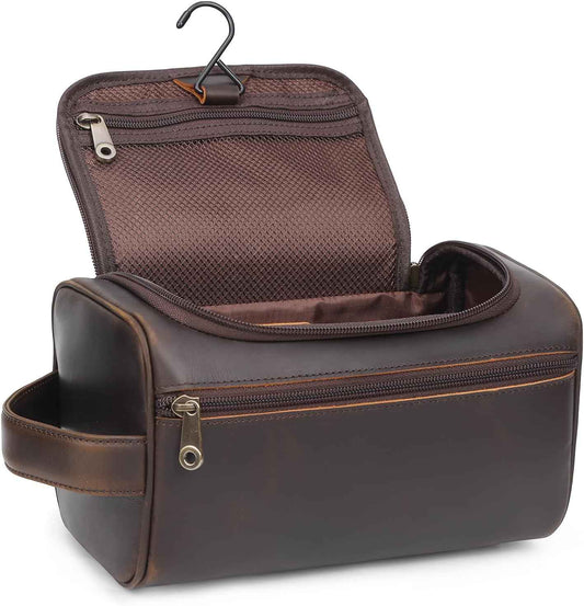 TIDING Mens Leather Hanging Toiletry Bag Travel Shaving Kit Portable Makeup Cosmetic Organizer Wash Case