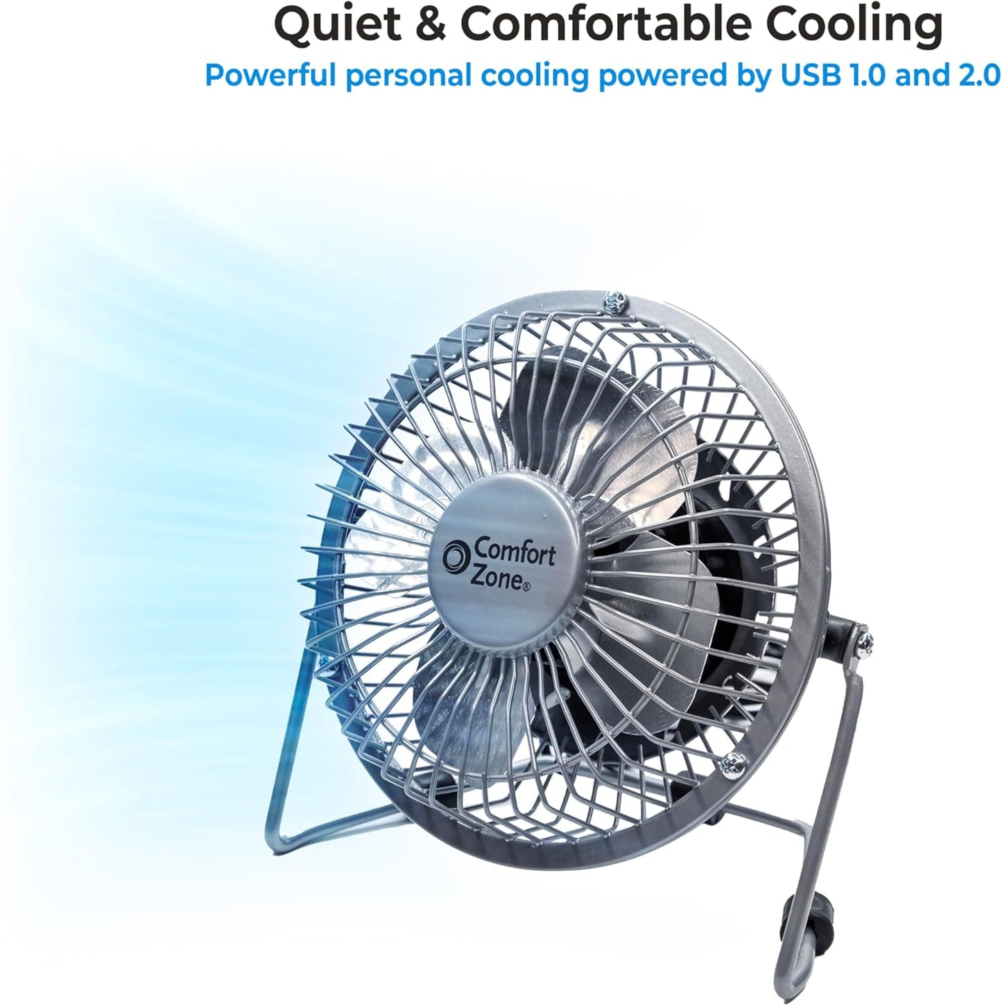 Comfort Zone 4-inch All-Metal Mini Desk Fan – High Velocity Portable USB Fan with 120V Wall Adapter, 360° Adjustable Tilt & Quiet Operation – Compact Electric Table Fan for Office, Home & Travel