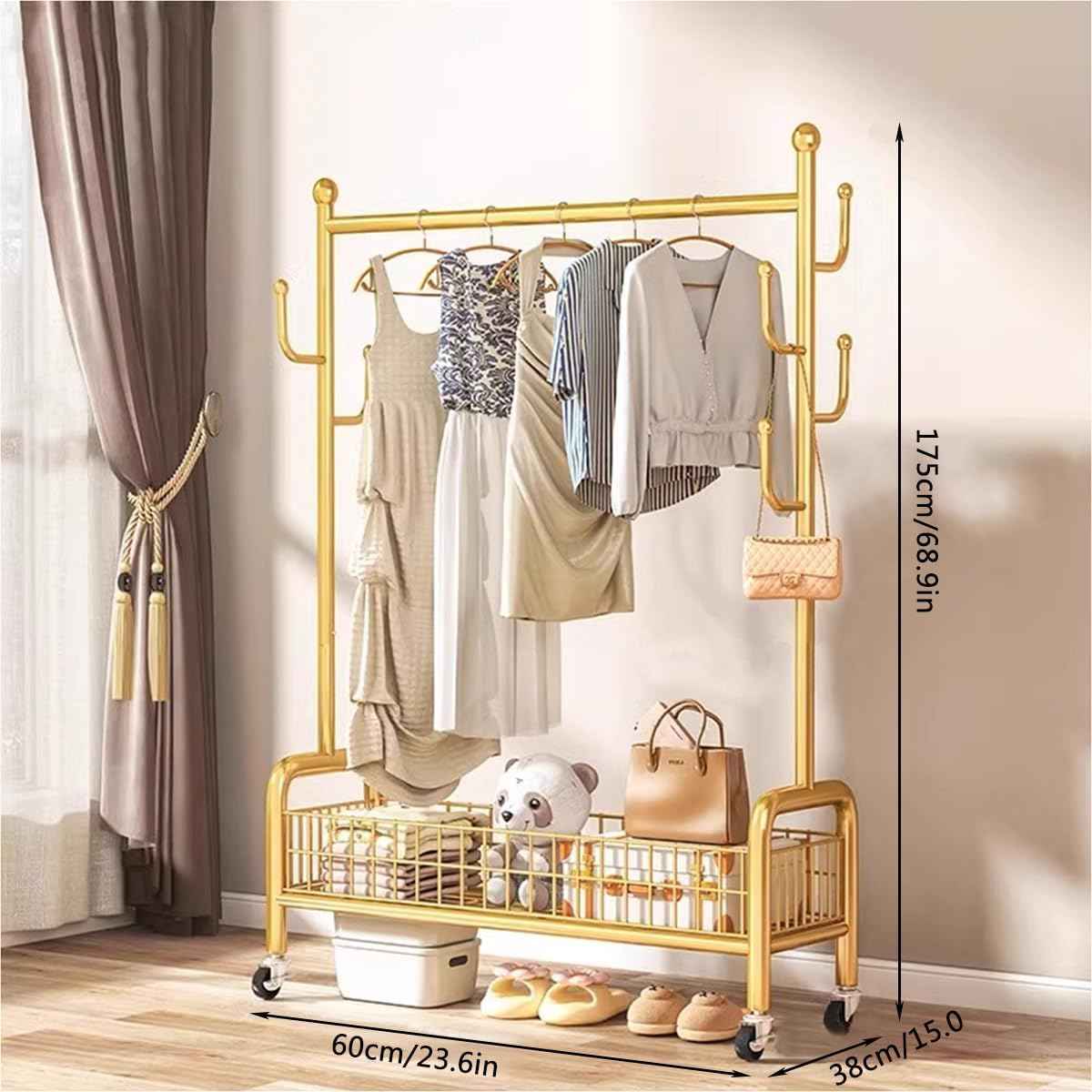 Clothes Garment Rack, Heavy Duty Clothes Rack with Wheels, Portable Clothing Rack with Storage Basket for Hanging Clothes,Gold