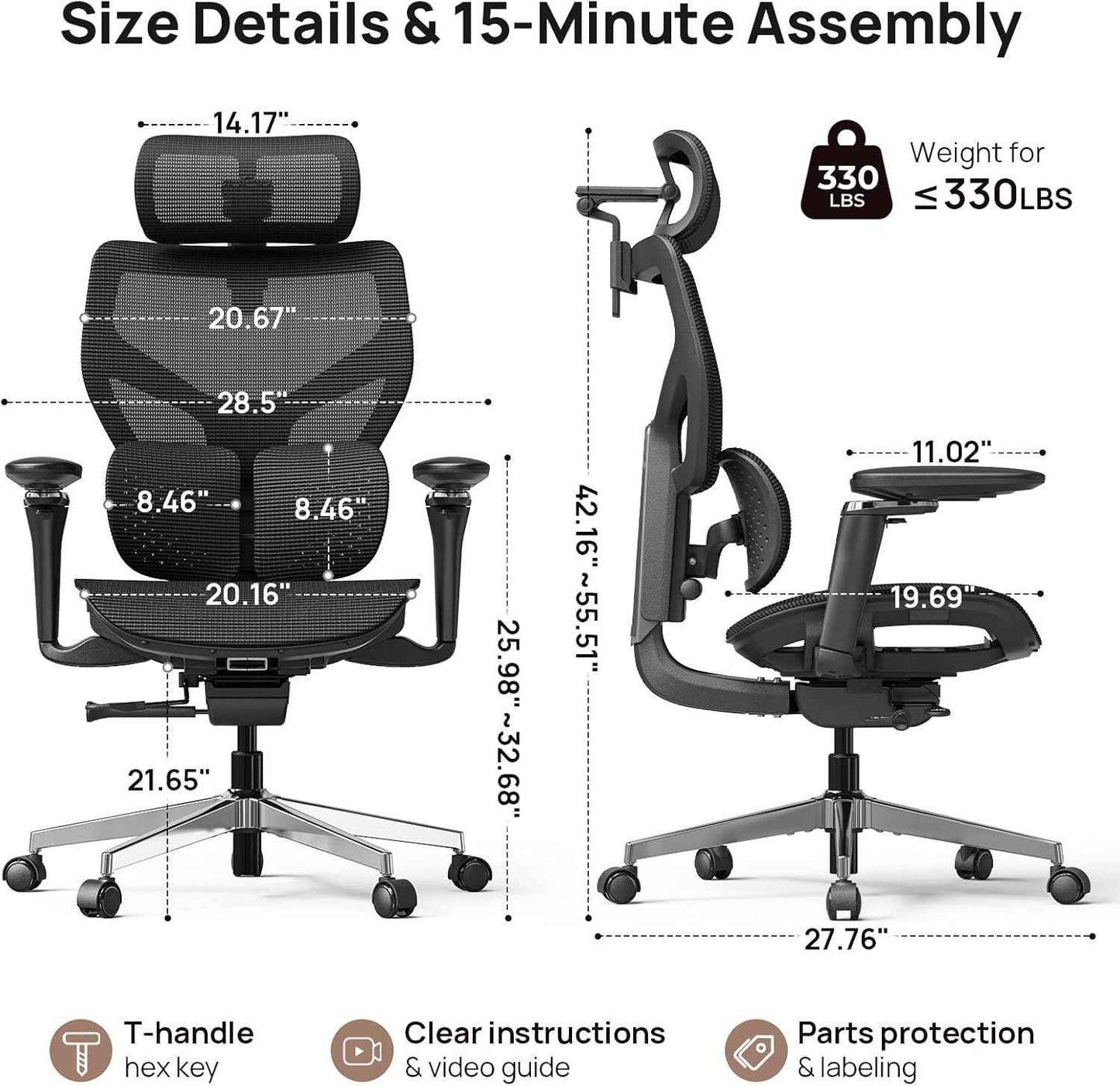 Ergonomic Office Chair with Lumbar Support - Over 10 Hours Sitting Comfortable, Mesh Big and Tall Home Computer Desk Chairs, 4D Headrest, 630° Armrst, Seat Depth Adjustable, 330 LBS