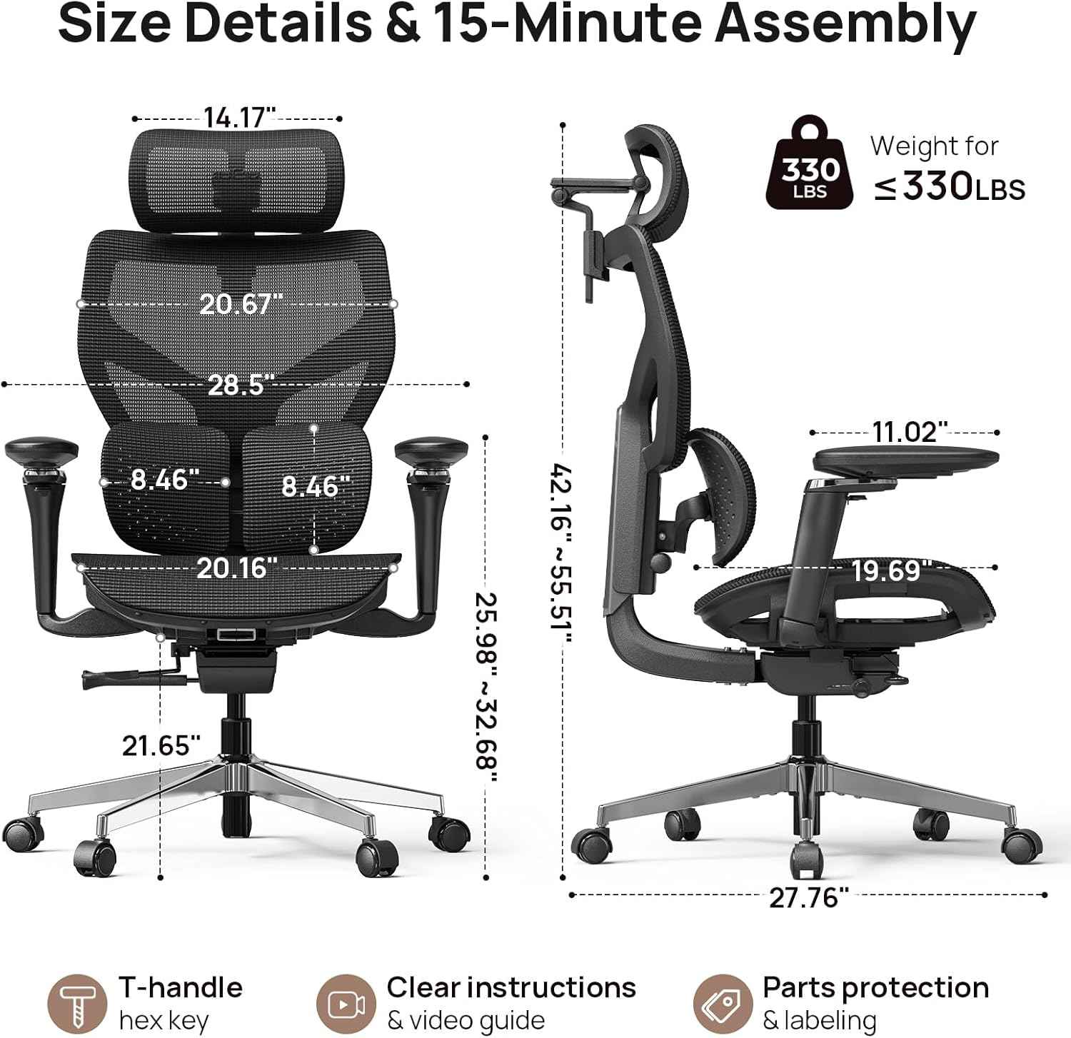 Ergonomic Office Chair with Lumbar Support - Over 10 Hours Sitting Comfortable, Mesh Big and Tall Home Computer Desk Chairs, 4D Headrest, 630° Armrst, Seat Depth Adjustable, 330 LBS