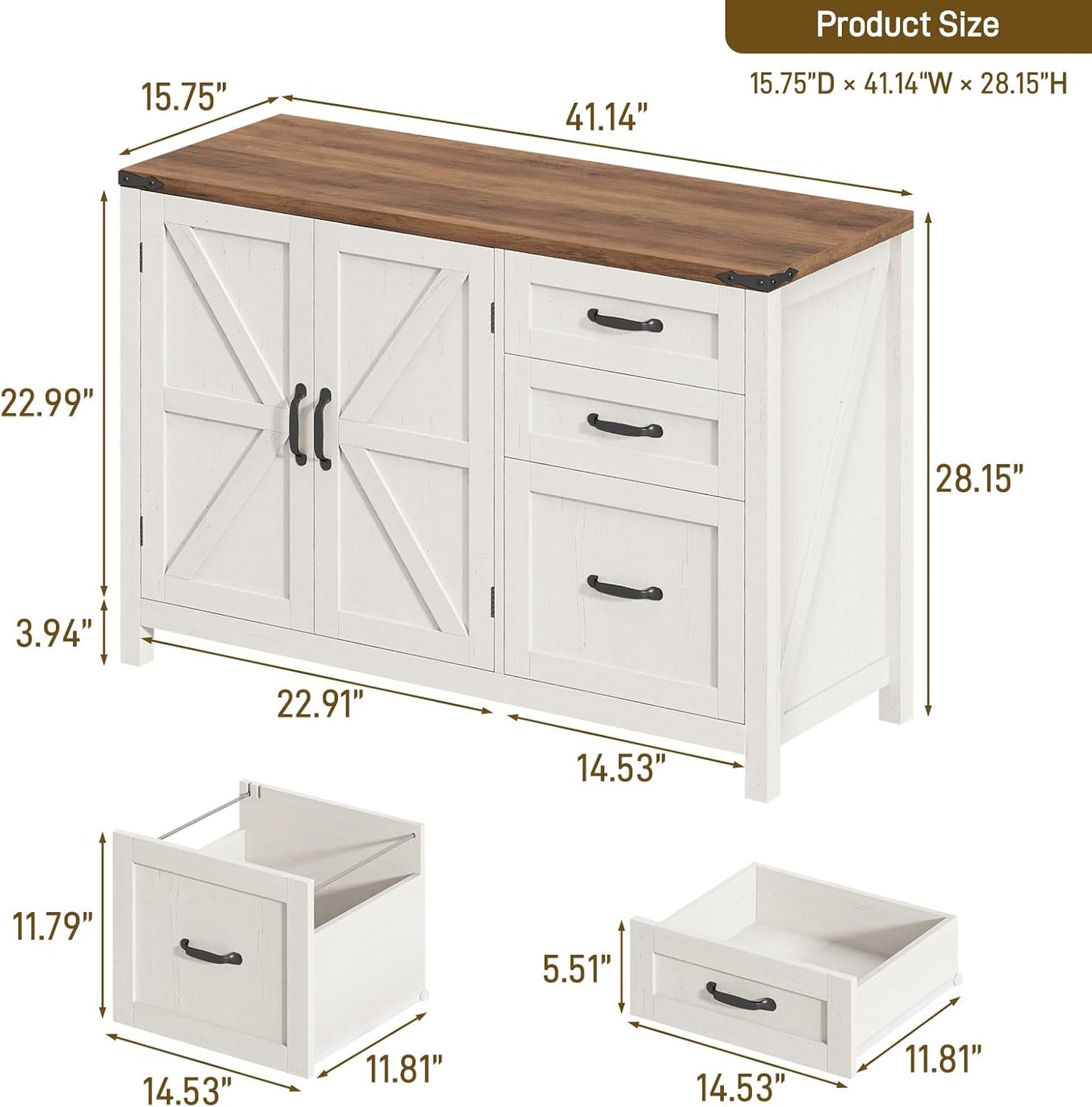 3 Drawer File Cabinet, Farmhouse Lateral Filing Cabinet with Doors for Letter/A4 Size Hanging Files, Large Wood Storage Cabinets Printer Stand with Adjustable Shelf for Home Office, White and Brown