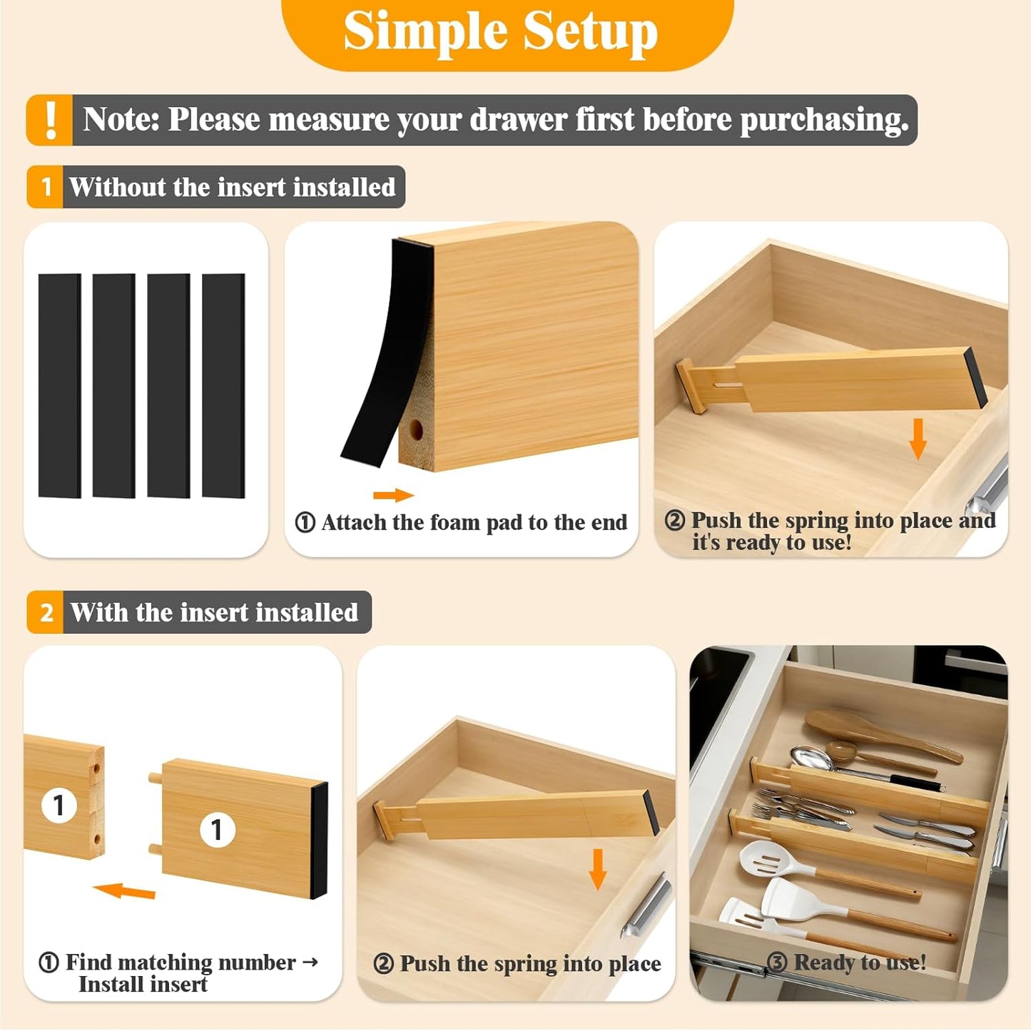 Bamboo Drawer Dividers,12-21" Adjustable Drawer Organizers for Clothes,Expandable Dresser Separators in Kitchen/Bedroom/Bathroom/Vanity/Office Organization and Storage,4-Pack