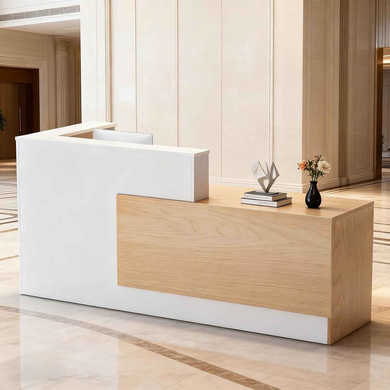 L-Shaped Large Wooden Reception Desk, Modern Front Desk Reception Counter with Lockable Drawers & Storage & Keyboard Tray, for Checkout, Lobby (Left-Natural wood/White, 71''L x 42''W x 41''H)