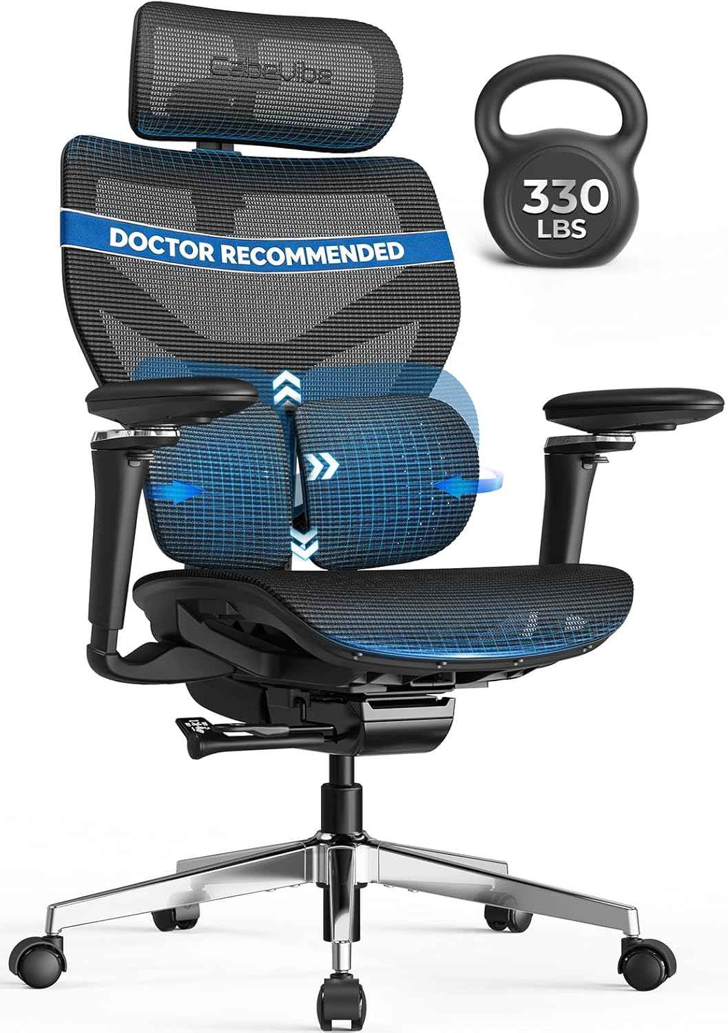 Ergonomic Office Chair with Lumbar Support - Over 10 Hours Sitting Comfortable, Mesh Big and Tall Home Computer Desk Chairs, 4D Headrest, 630° Armrst, Seat Depth Adjustable, 330 LBS