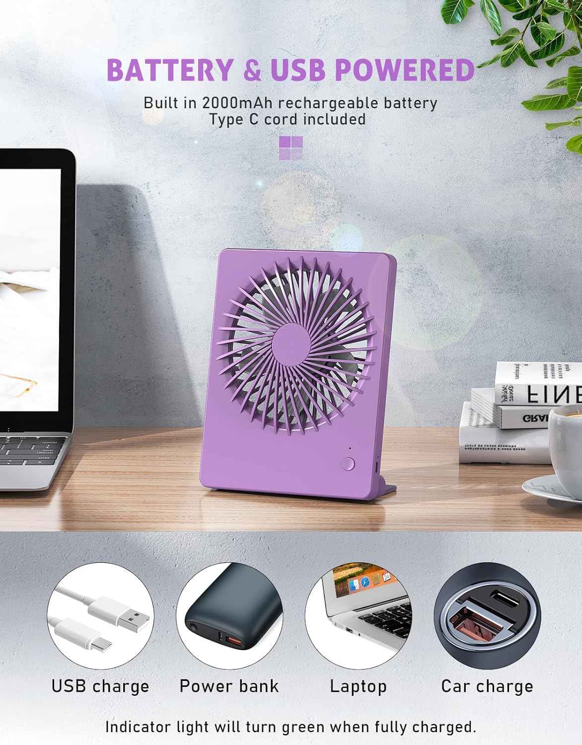 Zuvas Desk Fan Battery Operated Fan Rechargeable 180°Tilt Folding Personal Fan Ultra Quiet Small Portable 3 Speed Adjustable Strong Wind Fan For Office Bedroom Home Desktop Camping (Purple)