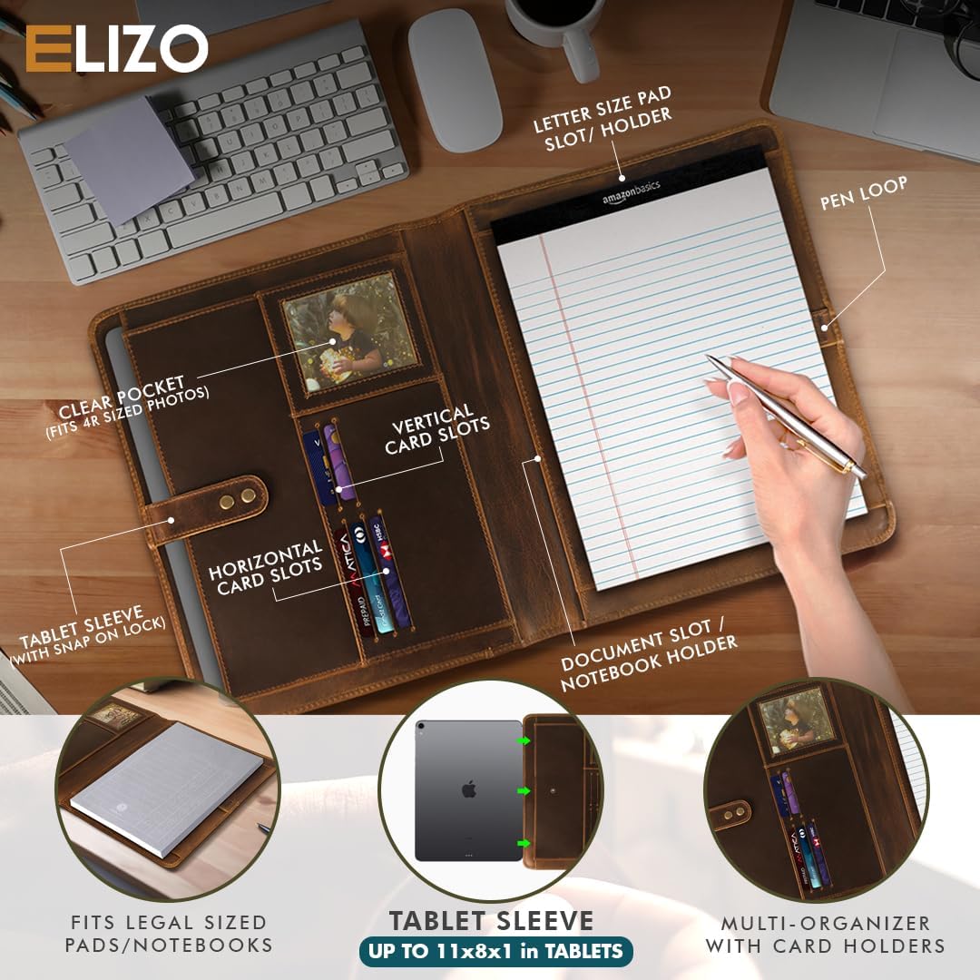 Leather Portfolio Organizer Folio Padfolio Binder Folder for Men Women Business Notebook Cover Resume Legal Pad Holder - ELIZO, 10 x 13