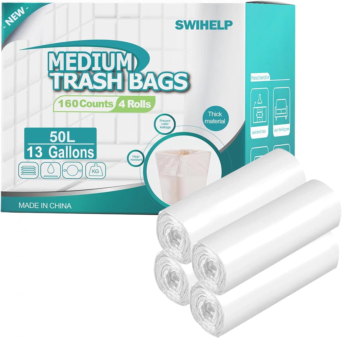 SWIHELP Tall Kitchen Trash Bags 13 Gallon Garbage Bags 50 Liters Plastic Trash Can Liners Waste Basket Bin Liners for Home Office Outdoor 160 Counts