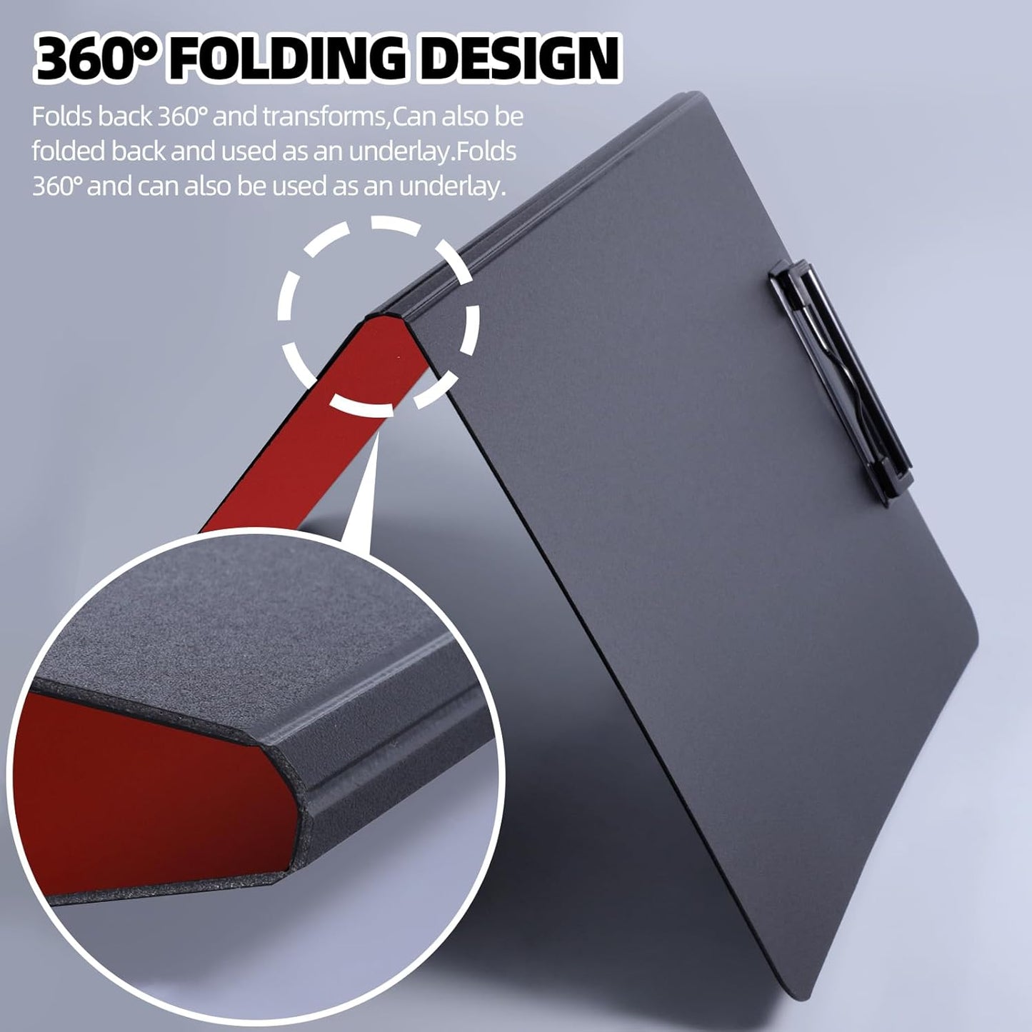 Clipboard Folder, A4 Foldable Clipboard with Horizontal and Vertical Double Metal Clips, 360 Degree Foldable Binder Clipboards with Pen Holder, File Cover Work Folder Clipboards, Red