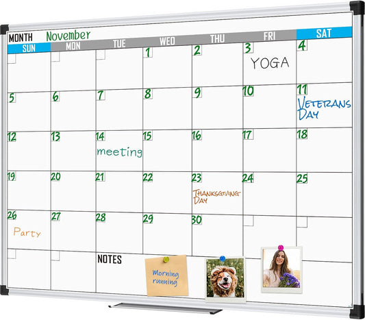 XBoard Magnetic Calendar Whiteboard 48" x 36" - Monthly Calendar Dry Erase Board, White Board + Colorful Calendar Board, Silver Aluminium Framed Monthly Planning Board - Lumora Desk