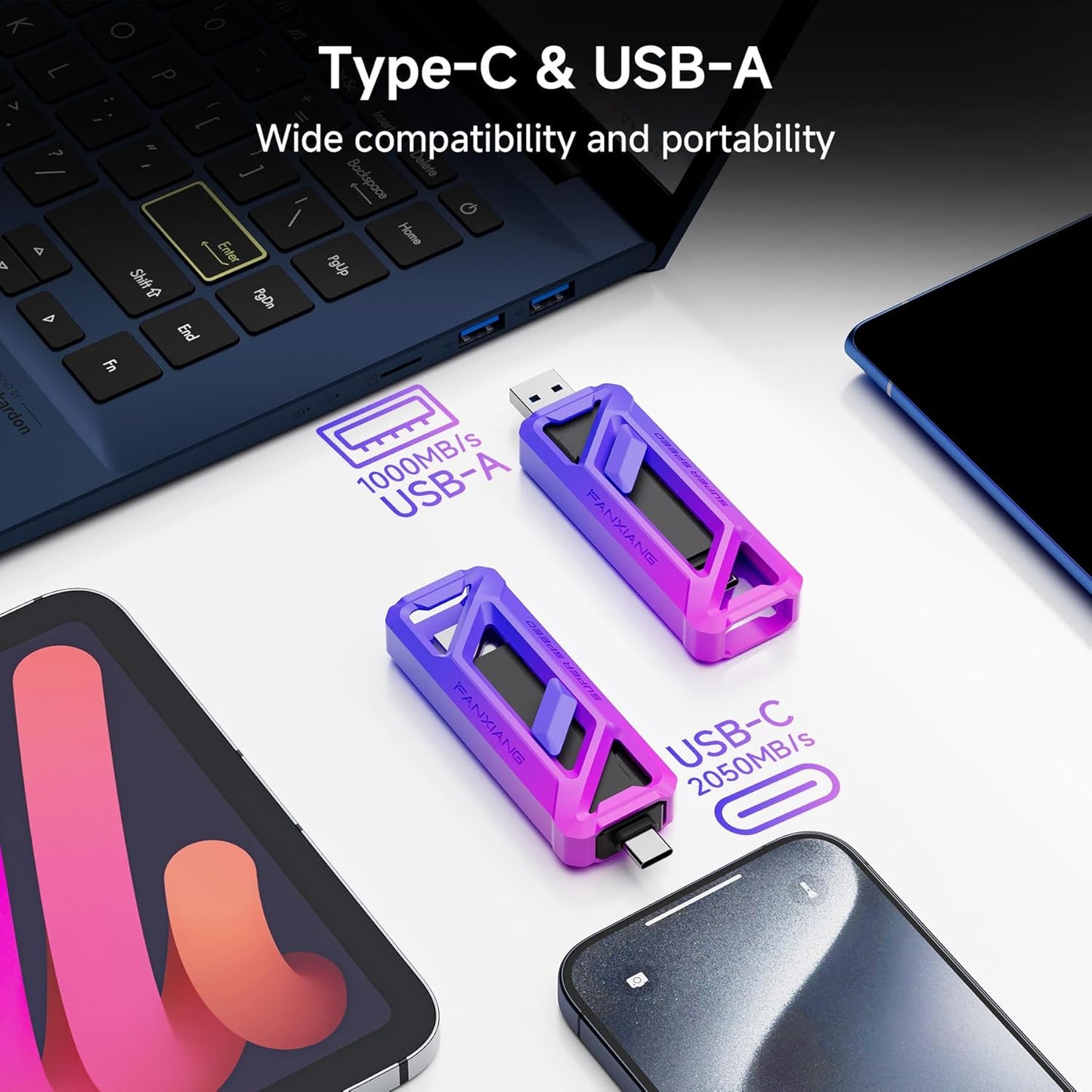 Flash Drive 2TB, Up to 2050MB/s USB 3.2 Gen2×2, USB Drive with USB A + Type C, 2-in-1 USB Memory Stick Thumb Drive for iPhone/Android/Windows/MacPC/Laptops, FF958