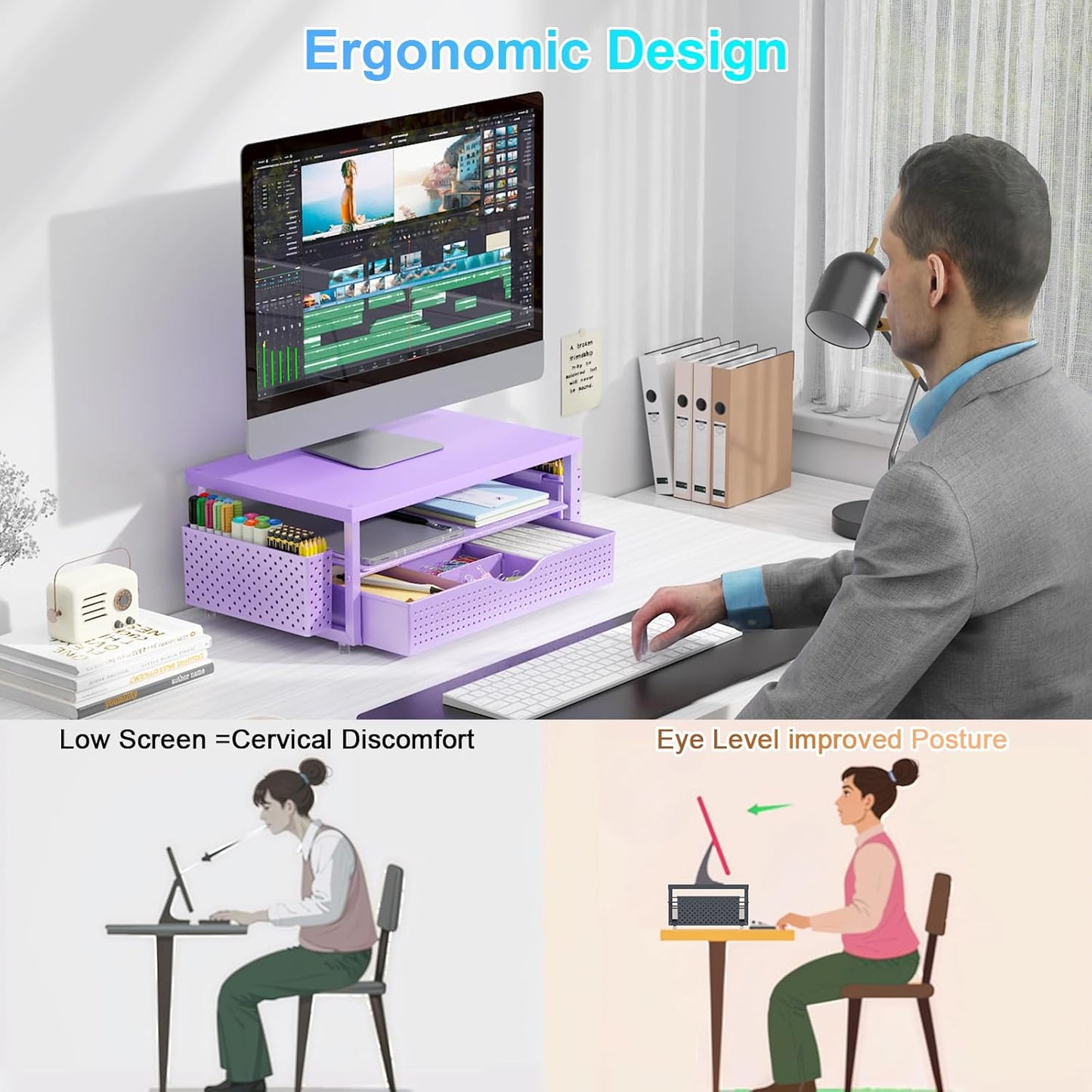 gianotter Wood Monitor Stand Riser, Desk Organizer with Drawer and 2 Pen Holders, 2-Tier Workspace Organizer for Office Supplies (Purple Wood)