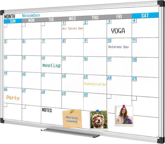 XBoard Magnetic Calendar Whiteboard 36" x 24" - Monthly Calendar Dry Erase Board, Reusable Colorful Calendar Board, Silver Aluminium Framed Monthly Planning Board - Lumora Desk
