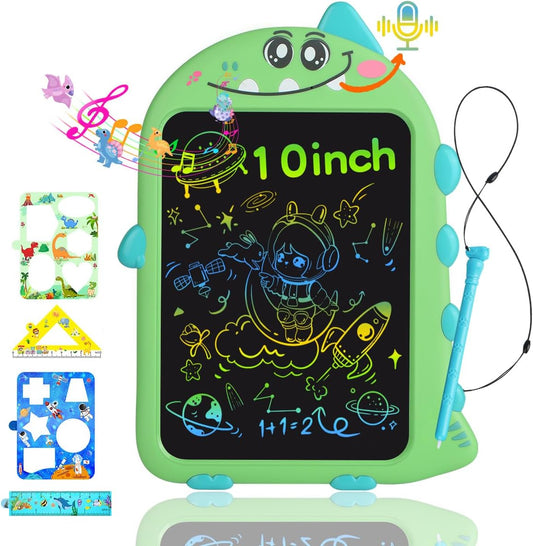 10 Inch LCD Writing Tablet for Kids, Type-C Rechargeable Doodle Board with Dino Sounds, Educational Toy for Toddlers 2-6, Birthday Gifts for 2 Year Old Boy, Toddler Toys for Airplane Travel