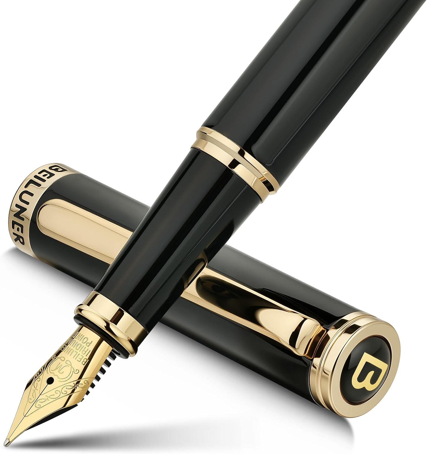 BEILUNER Black Fountain Pen,Stunning Luxury Piano Lacquer,24K Gilded Nib(Medium),Gorgeous 24K Gold Finish,Ink Converter, Gift for Men&Women-Elegant, Reliable, Office, Professional Pens for Writing