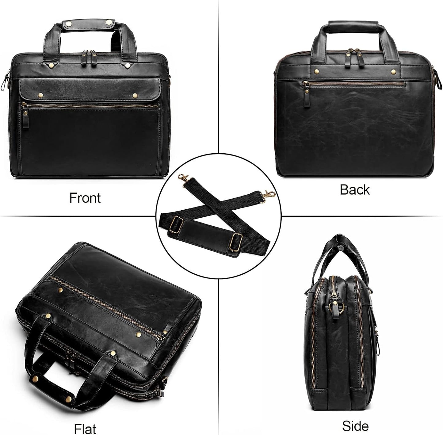 Leather Briefcases for Men 15.6 Inch Laptop Messenger Bag with Triple Compartments Water-Resistant Computer Shoulder Bag for Business, Travel, Work, Office, Black