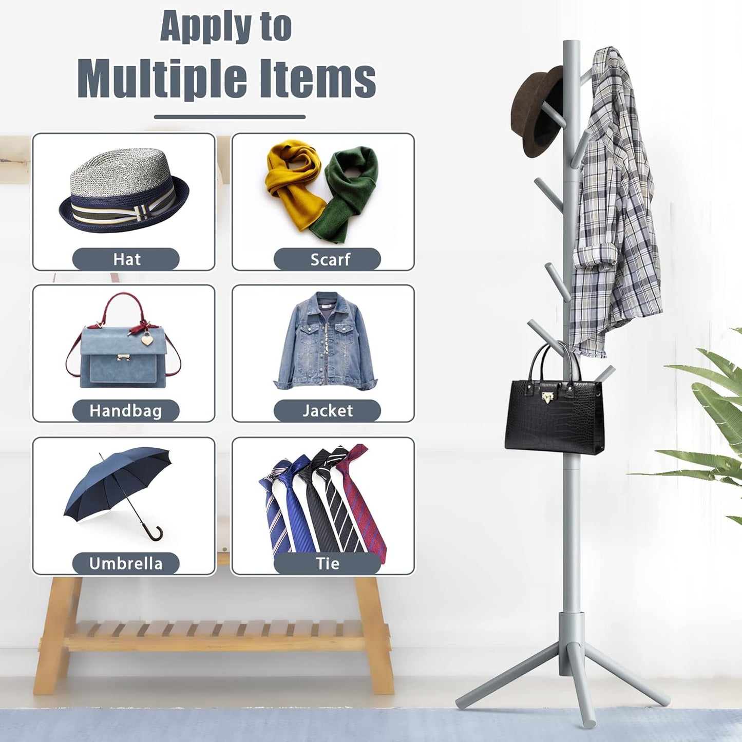 Haddockway Wooden Coat Rack Stand with 8 Hooks New Zealand Pine 3 Adjustable Coat Standing Tree Easy Assembly for Coats, Hats, Scarves and Handbags for Entryway, Hallway, Bedroom, Office - Lumora Desk