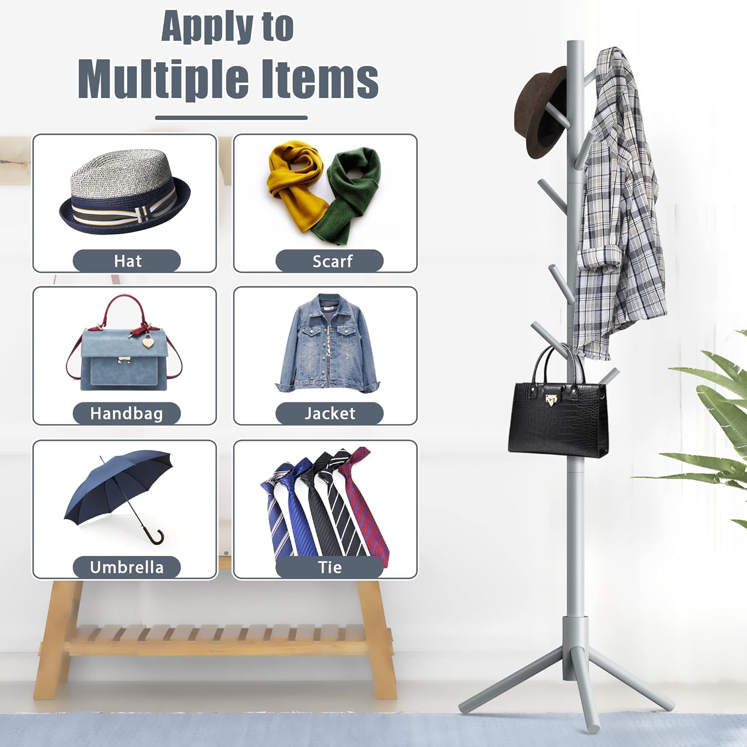 Haddockway Wooden Coat Rack Stand with 8 Hooks New Zealand Pine 3 Adjustable Coat Standing Tree Easy Assembly for Coats, Hats, Scarves and Handbags for Entryway, Hallway, Bedroom, Office - Lumora Desk