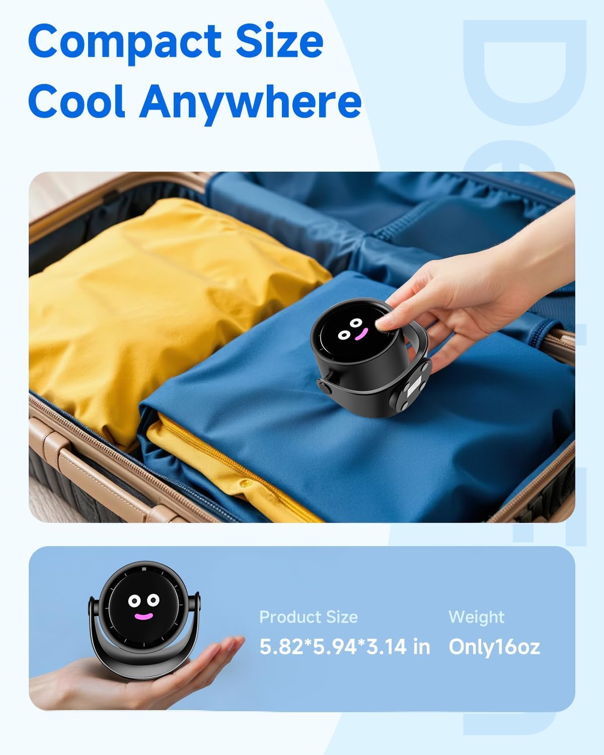 YOSHENMO Portable Desk Fan for Bedroom, Turbo Table Fans with smile icon LED Display, 6-inch, 5-Speed Strong Airflow, Low Noise, 360° Adjustable Tilt, Suitable for Home, Office, Outdoor, Ink Black