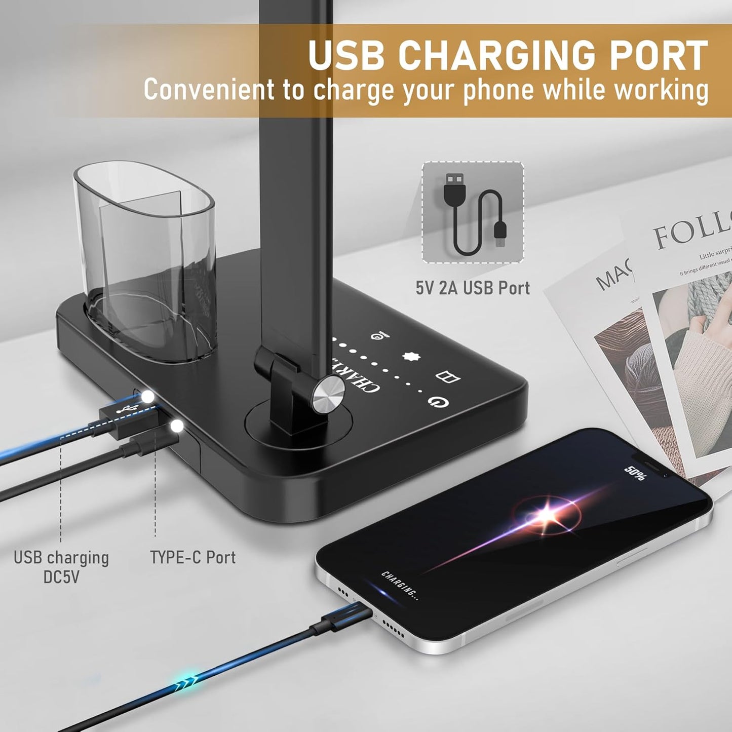 Dimmable LED Desk Lamp with USB Charging Port, 50 Lighting Modes Dual Swing Arm Architect Table Lamp Light Desk Lamp for Home Office Dorm Piano Nail