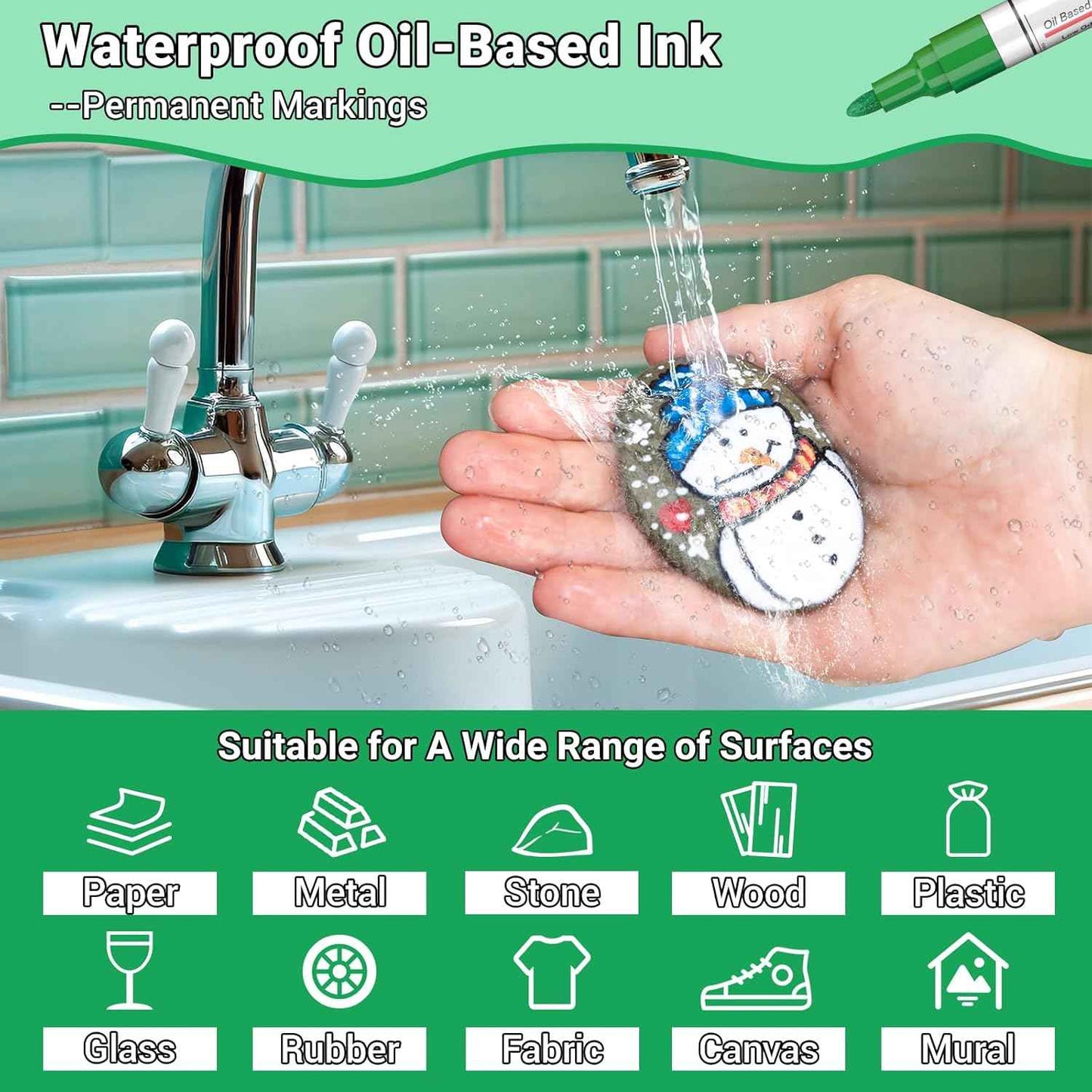 Oil Based Paint Pen, Permanent Paint Marker: Quick-Dry, Waterproof Marker Set of 12 for Rock Painting, Glass, Fabric, Ceramic, Wood, Metal, Mug, Plastic, Stone, Christmas Art Craft Supplies Kit