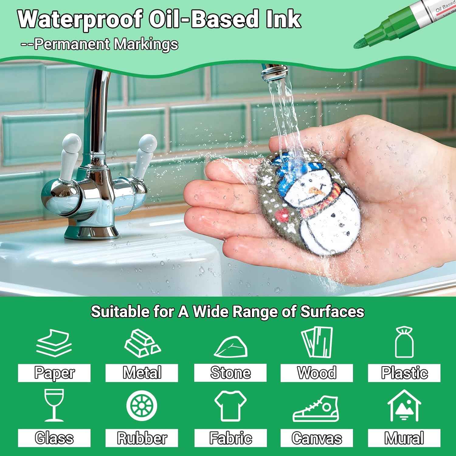 Oil Based Paint Pen, Permanent Paint Marker: Quick-Dry, Waterproof Marker Set of 12 for Rock Painting, Glass, Fabric, Ceramic, Wood, Metal, Mug, Plastic, Stone, Christmas Art Craft Supplies Kit