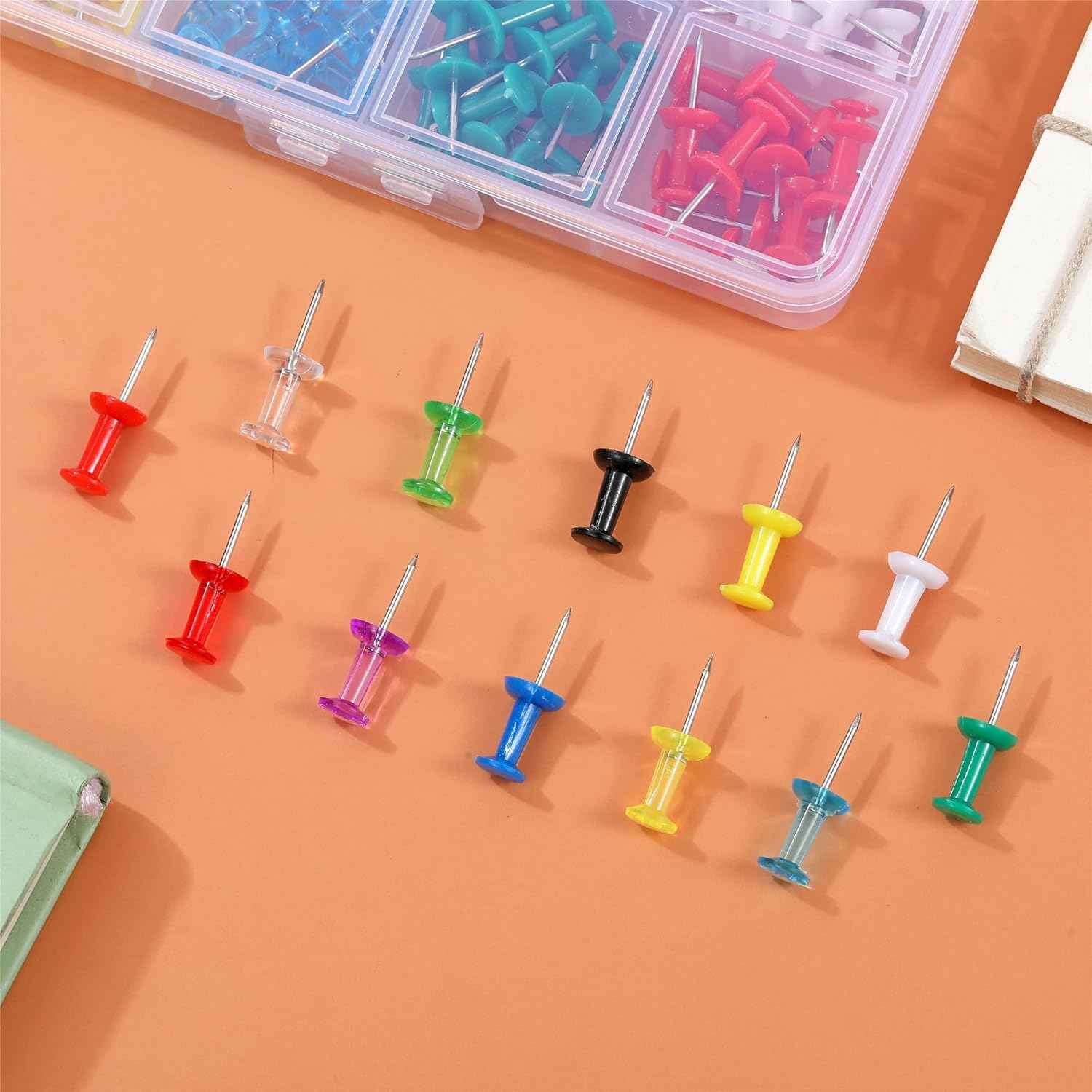 Hudinsun 12 Colors 150 Pcs Push Pins, Standard Thumb Tacks Steel Point and Plastic Head, Push Pins for Bulletin Board, Cork Board and Wall
