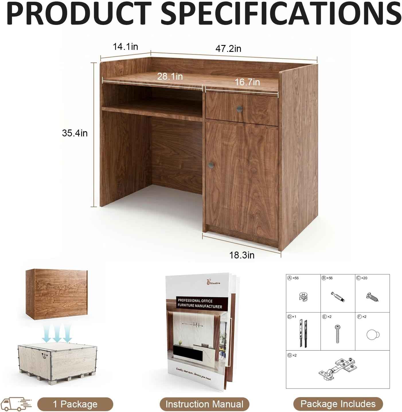 Modern Reception Desk with Drawer and File Cabinet - Front Counter Table for Office, Salon, Spa, Retail - Small Reception Desk for Small Spaces - European Oak - 47.24in