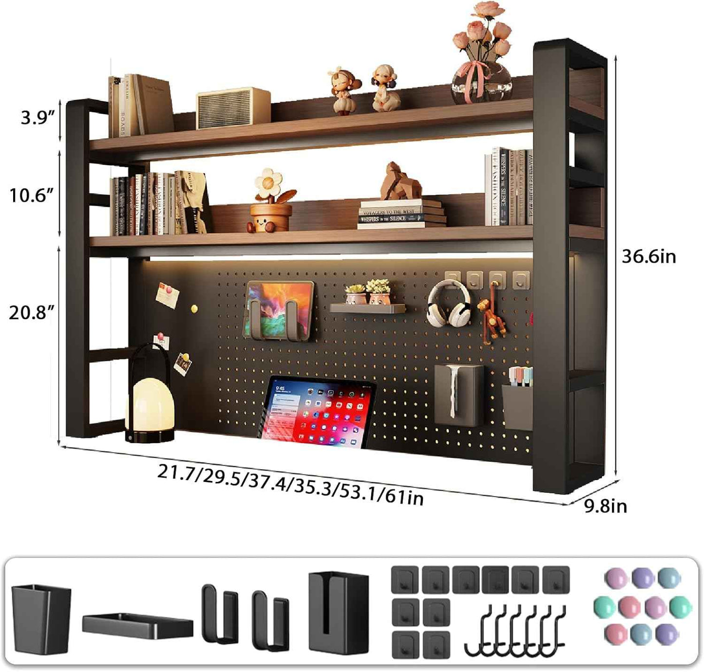 Desk Shelf Organizer for Top of Desk – Desktop Bookshelf with Pegboard & Storage Accessories, Adjustable Hutch for Dorm or Office, Steel Frame Display S Black frame + dark brown board 29.5*9.8*36.6in