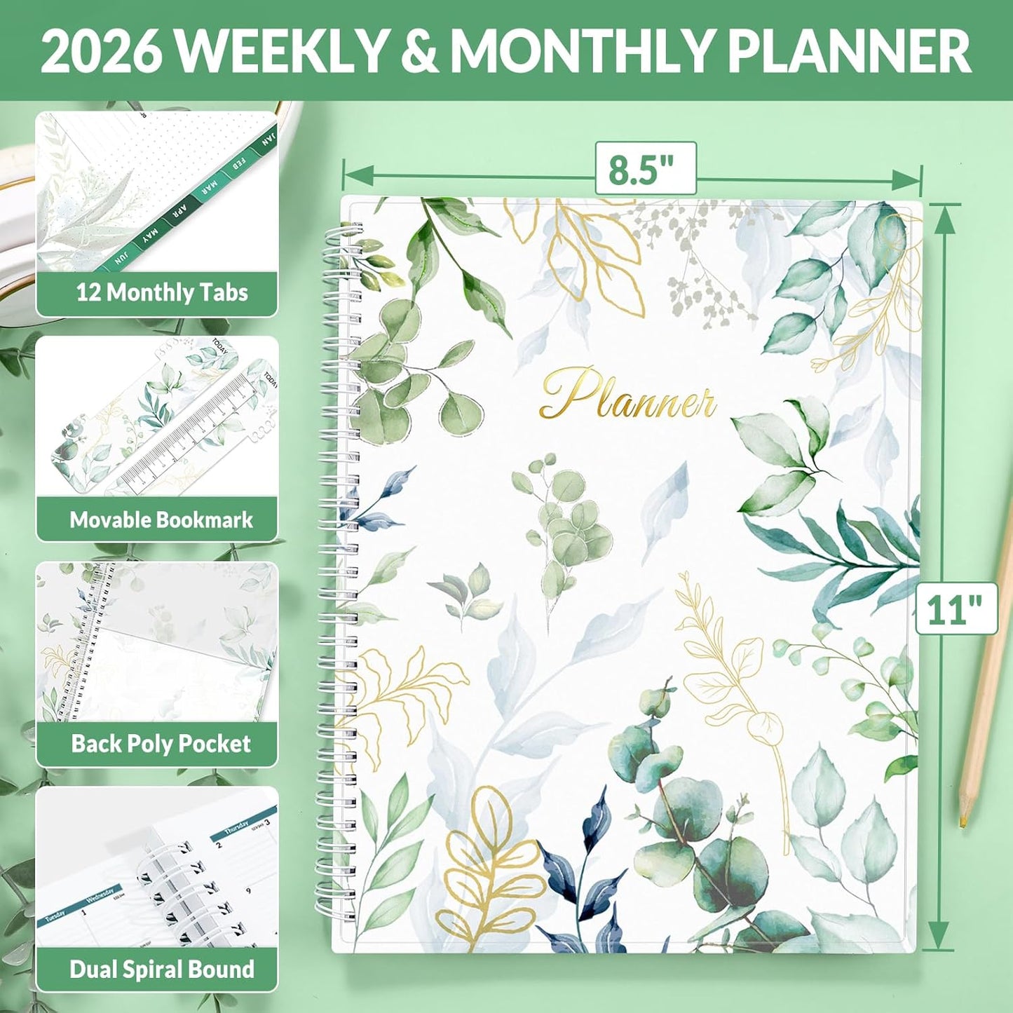SUNEE 2026 Weekly and Monthly Planner - from January 2026 - December 2026, 8.5"x11" Daily Agenda Planner with Monthly Tab, Flexible Cover, Note Pages, Pockets, Bookmark, Spiral Binding, Eucalyptus